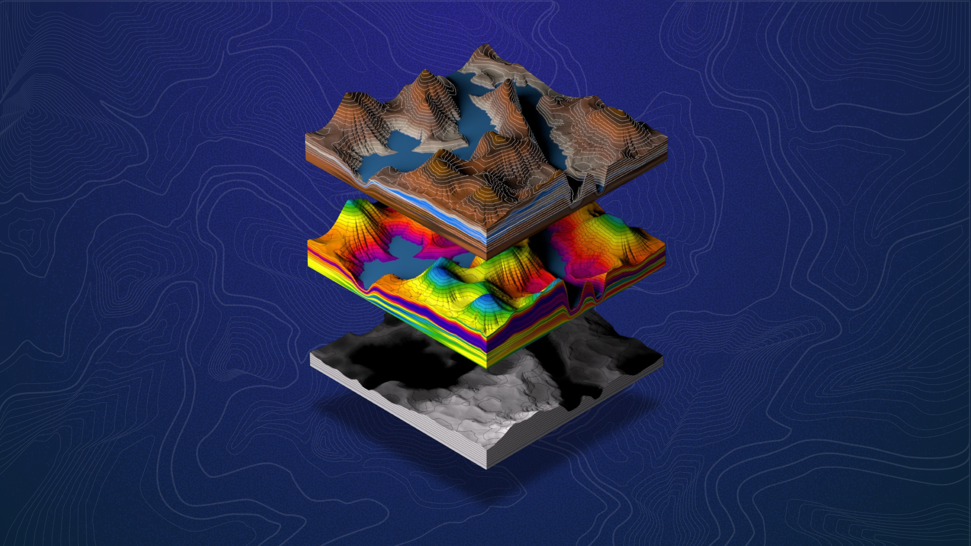 Layered 3D topographic landscape models showing terrain features in different visual styles on a blue background with contour lines.