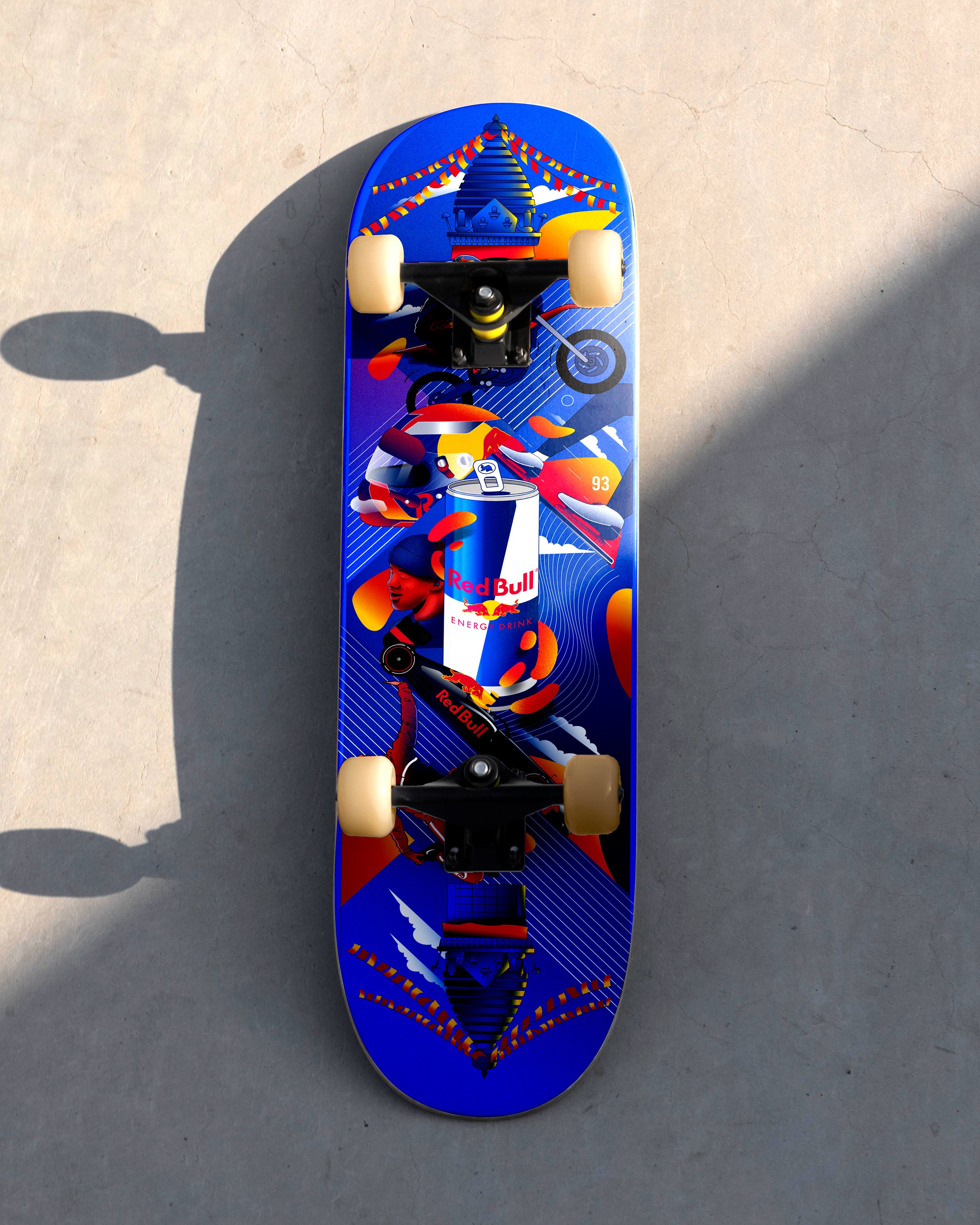 Custom skateboard graphic design created for Red Bull, blending illustration and street culture aesthetics.