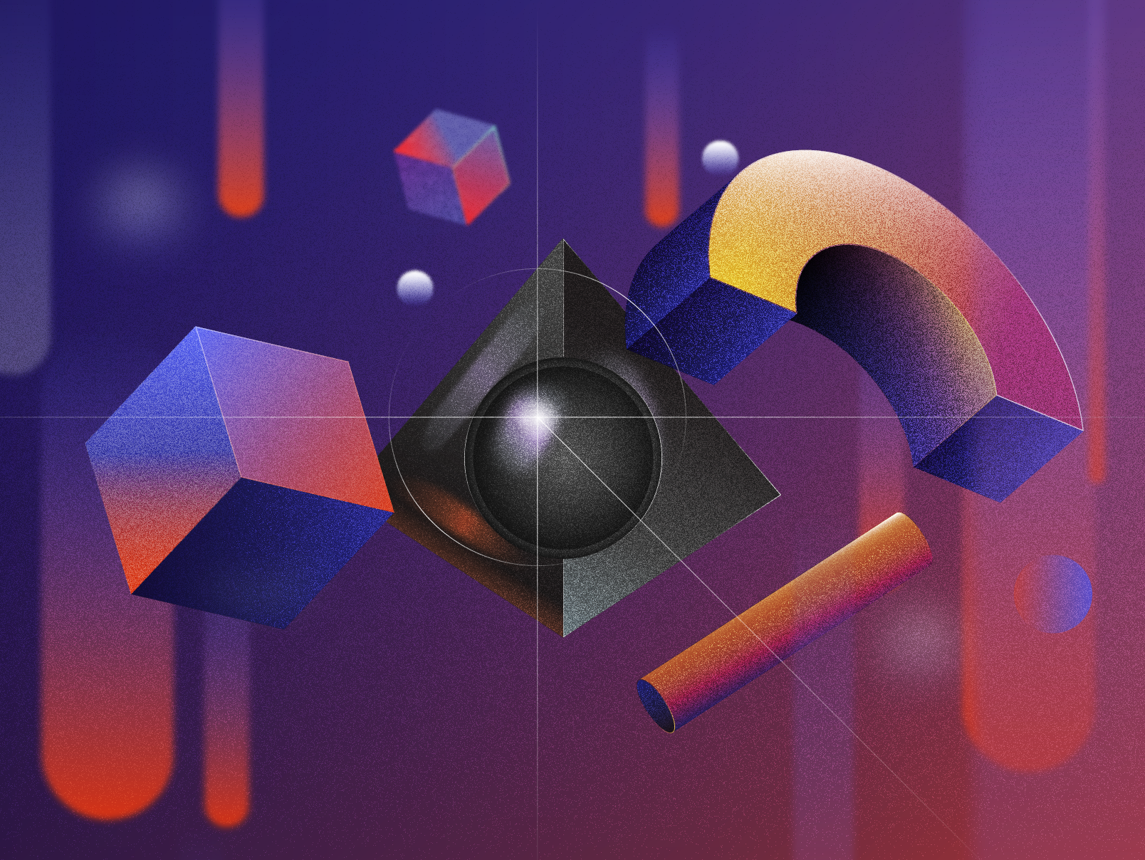 Abstract digital illustration featuring geometric shapes, including cubes, a sphere, a cone, and a cylinder, with a dark background and colorful gradients.
