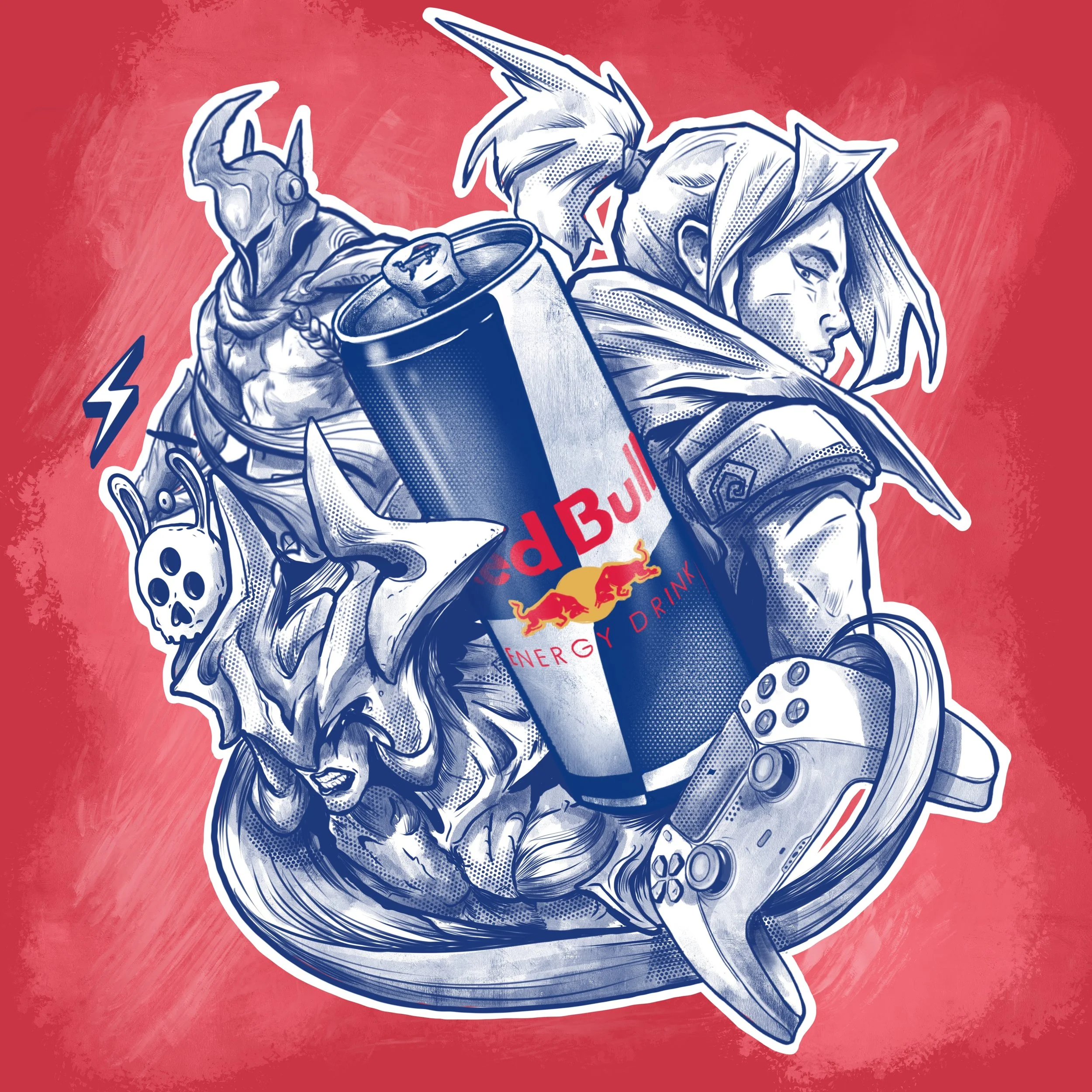 E-sports mural and design illustration created for Red Bull at the H2O esports centre, combining gaming motifs and bold brand graphics.