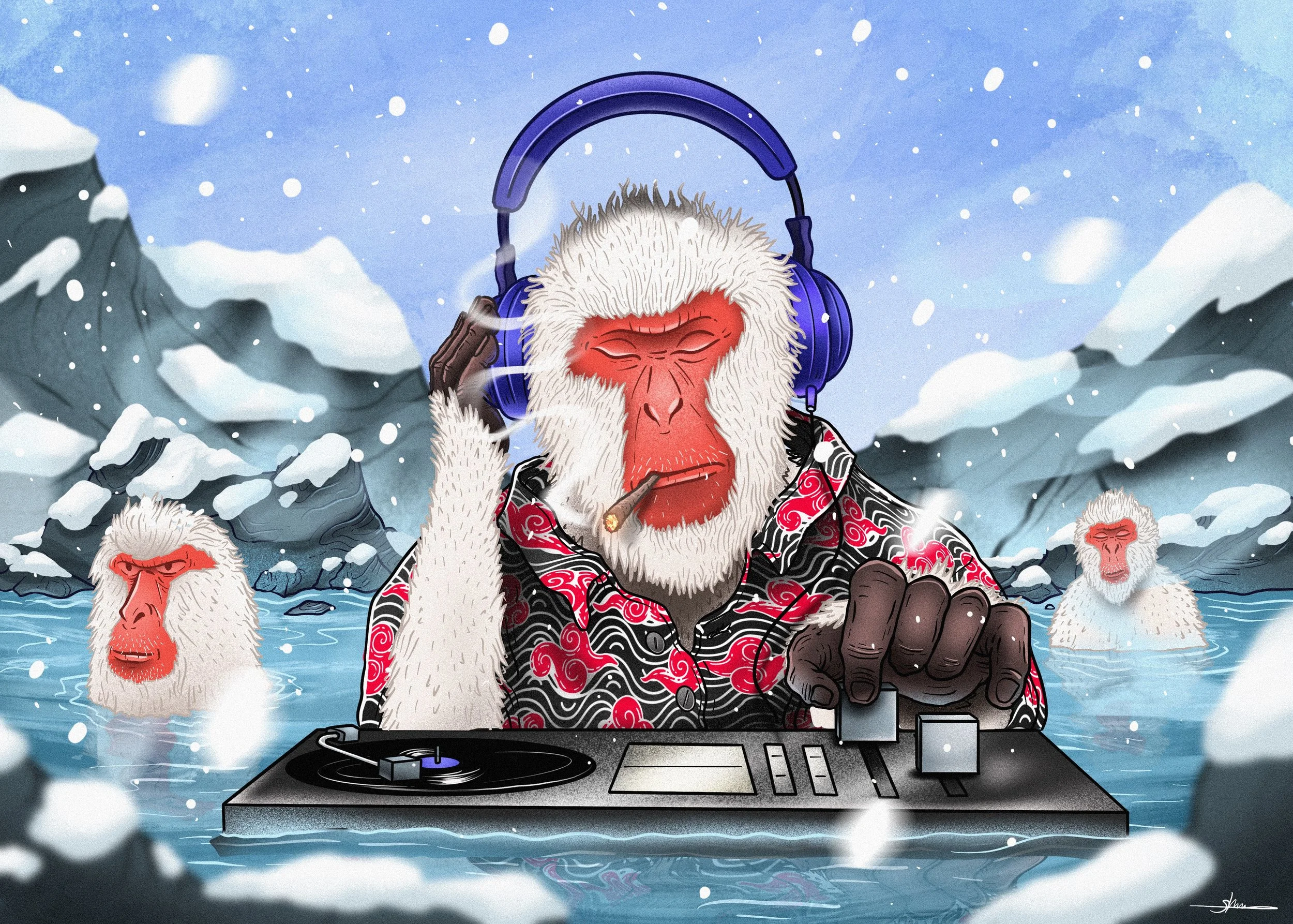 A cartoon of a white-furred monkey with a red face, wearing a colorful shirt, listening to headphones, smoking a cigar, and DJing on a turntable in a icy mountain landscape with snow falling and two other monkeys in the water.