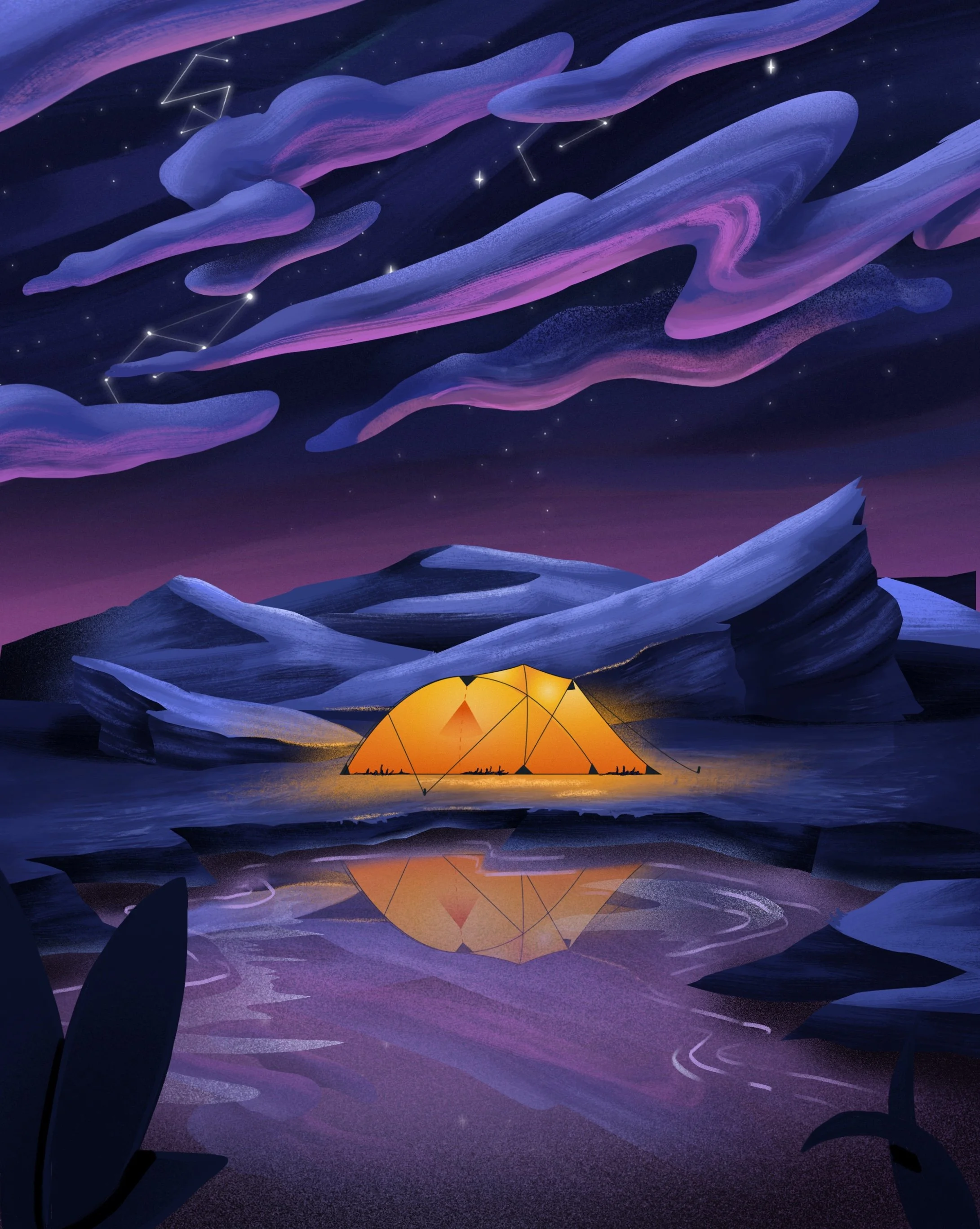 Illustration of a glowing tent at night in a mountain landscape created for the Inktober 2024 illustration challenge.