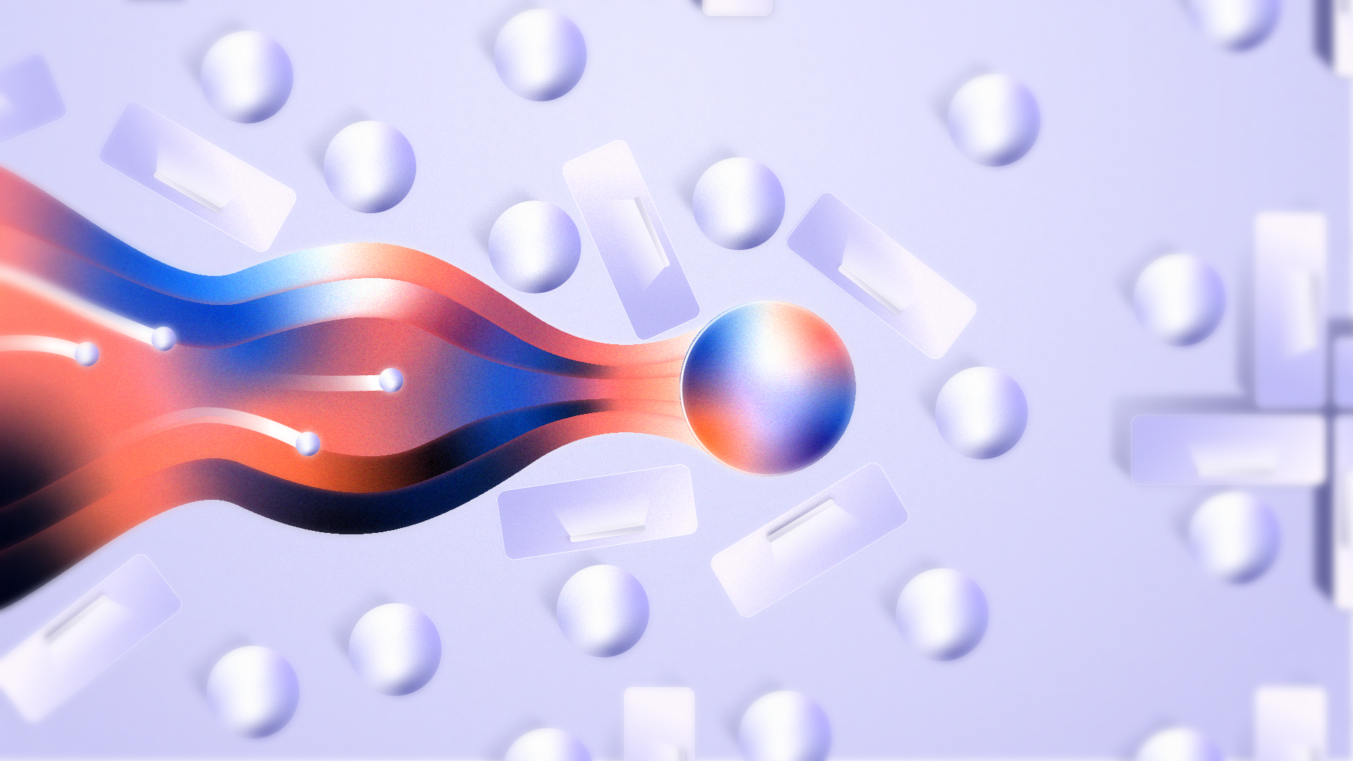 Abstract digital illustration of a person in red and black running, with a trail of small orbs, set against a background with scattered pills and capsules.