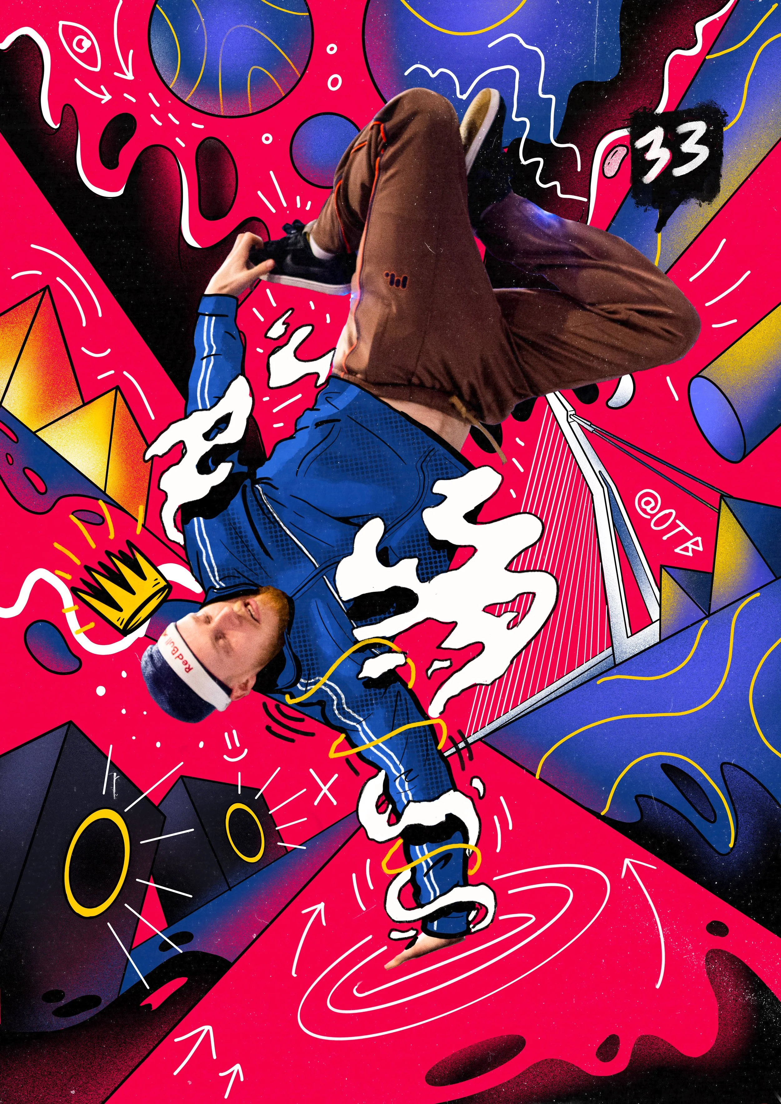 A dynamic digital artwork featuring a skateboarder with a real person's head and legs, set against a vibrant, graffiti-style colorful background with abstract shapes, arrows, and a crown. The skateboarder is mid-trick, with white spray-like effects around them and the number '33' in the top right corner.