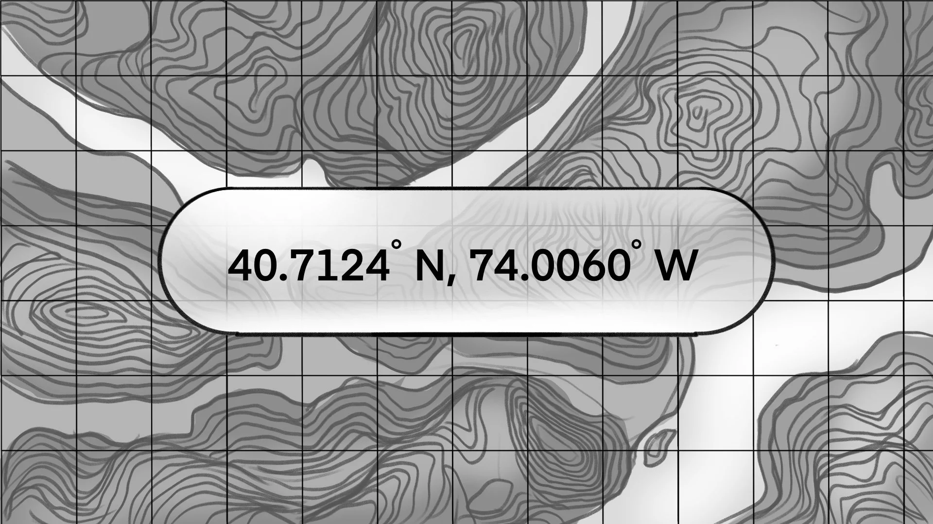 Map with topographical lines showing an area with coordinates 40.7124° N, 74.0060° W, location in New York City.