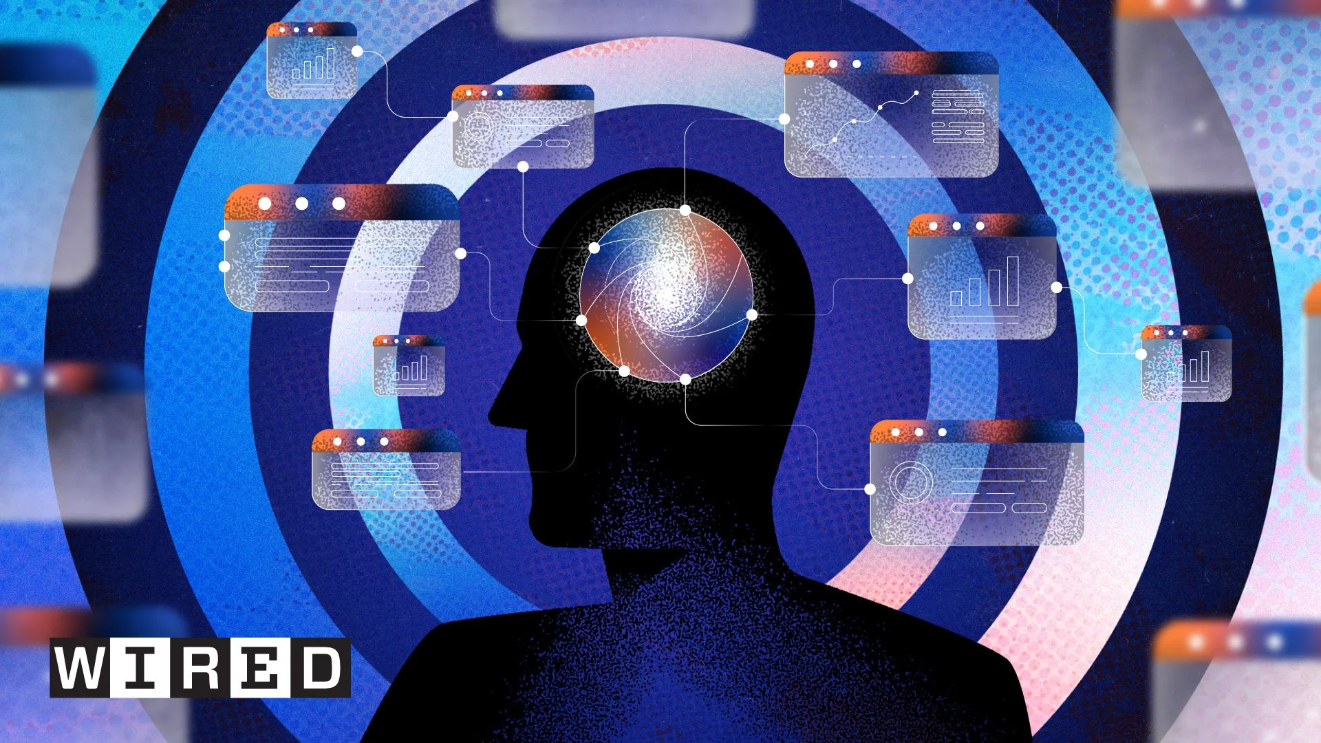A digital illustration of a human head in profile with a spiral galaxy inside the brain area. Surrounding the head are floating digital windows representing data and analysis, connected with lines, with a background of concentric circles and a blue color scheme. The word "WIRED" appears in the bottom left corner.