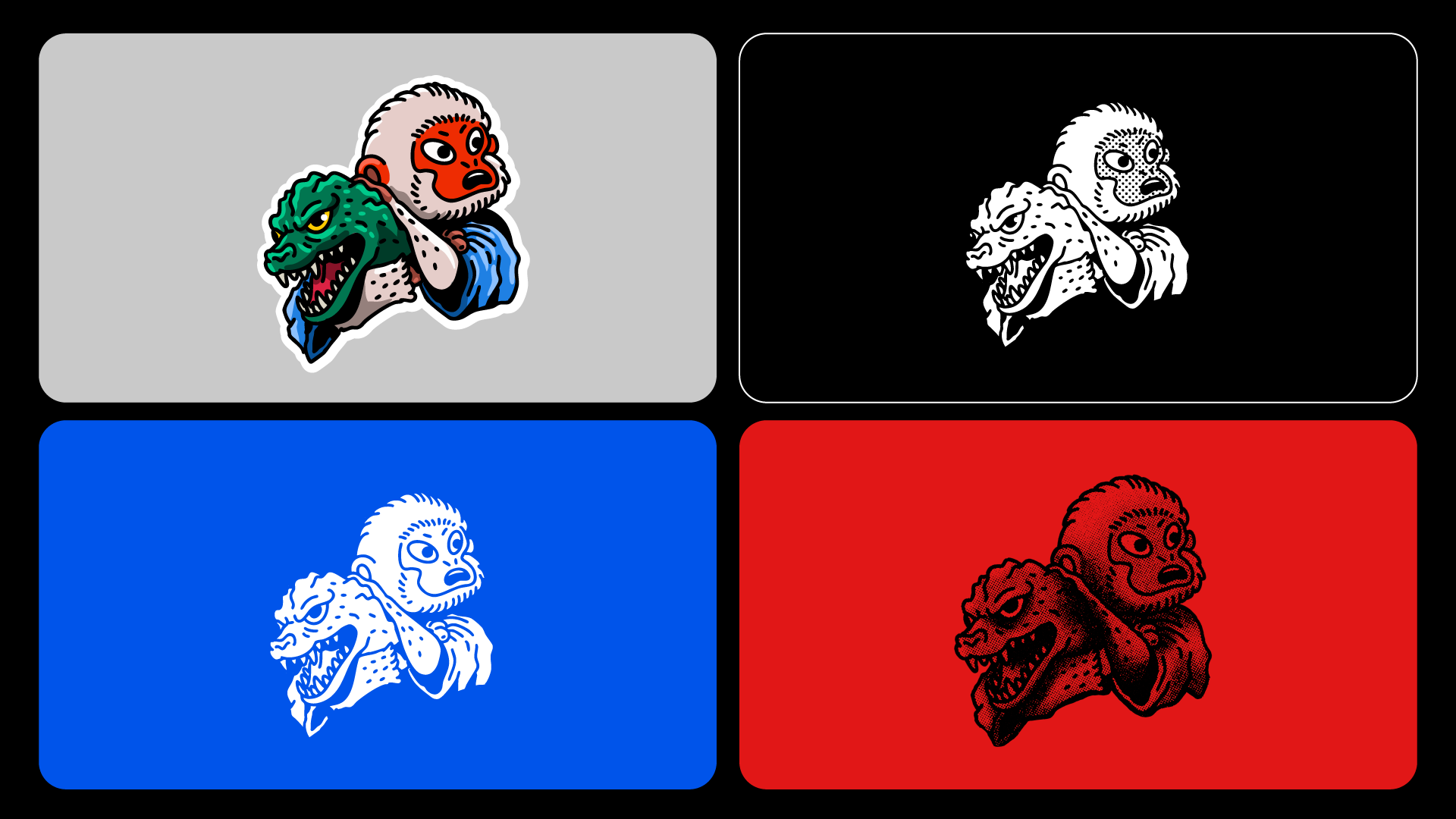 A colorful pin design featuring a human face with a dinosaur, similar to Godzilla, on the shoulder, presented in four versions with different colored backgrounds: gray, black, blue, and red.