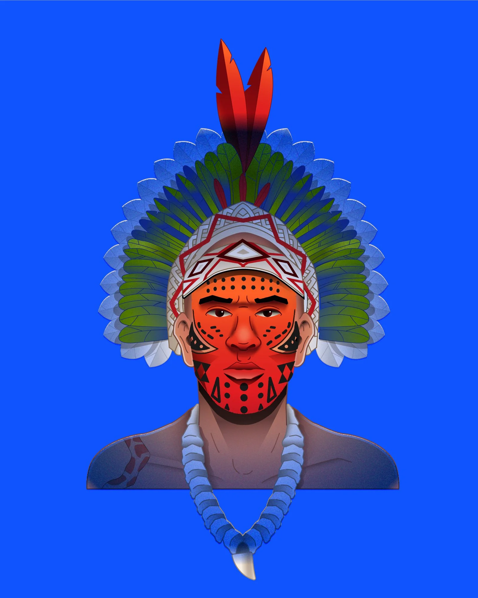 Digital illustration of a person with traditional tribal face paint, wearing a feather headdress with red, green, and blue feathers, and a beaded necklace with a single tooth pendant, set against a bright blue background.
