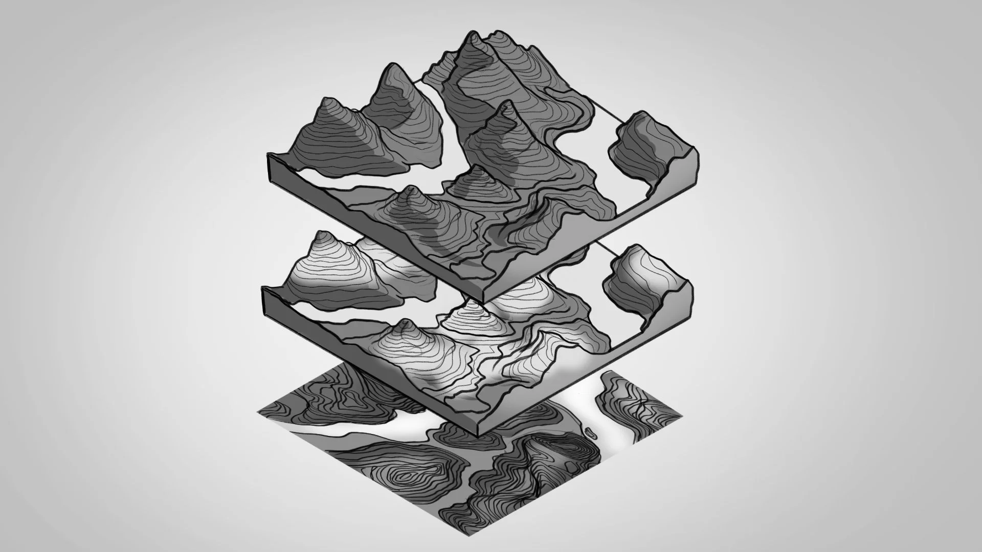 An illustration of three layers of 3D topographic maps, each with contour lines representing elevation, stacked vertically against a plain background.
