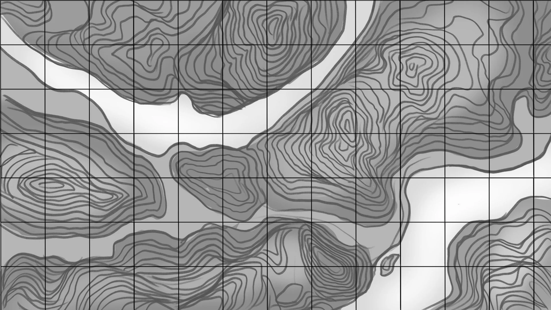 A black and white topographic map showing contour lines representing elevation changes across multiple landforms.
