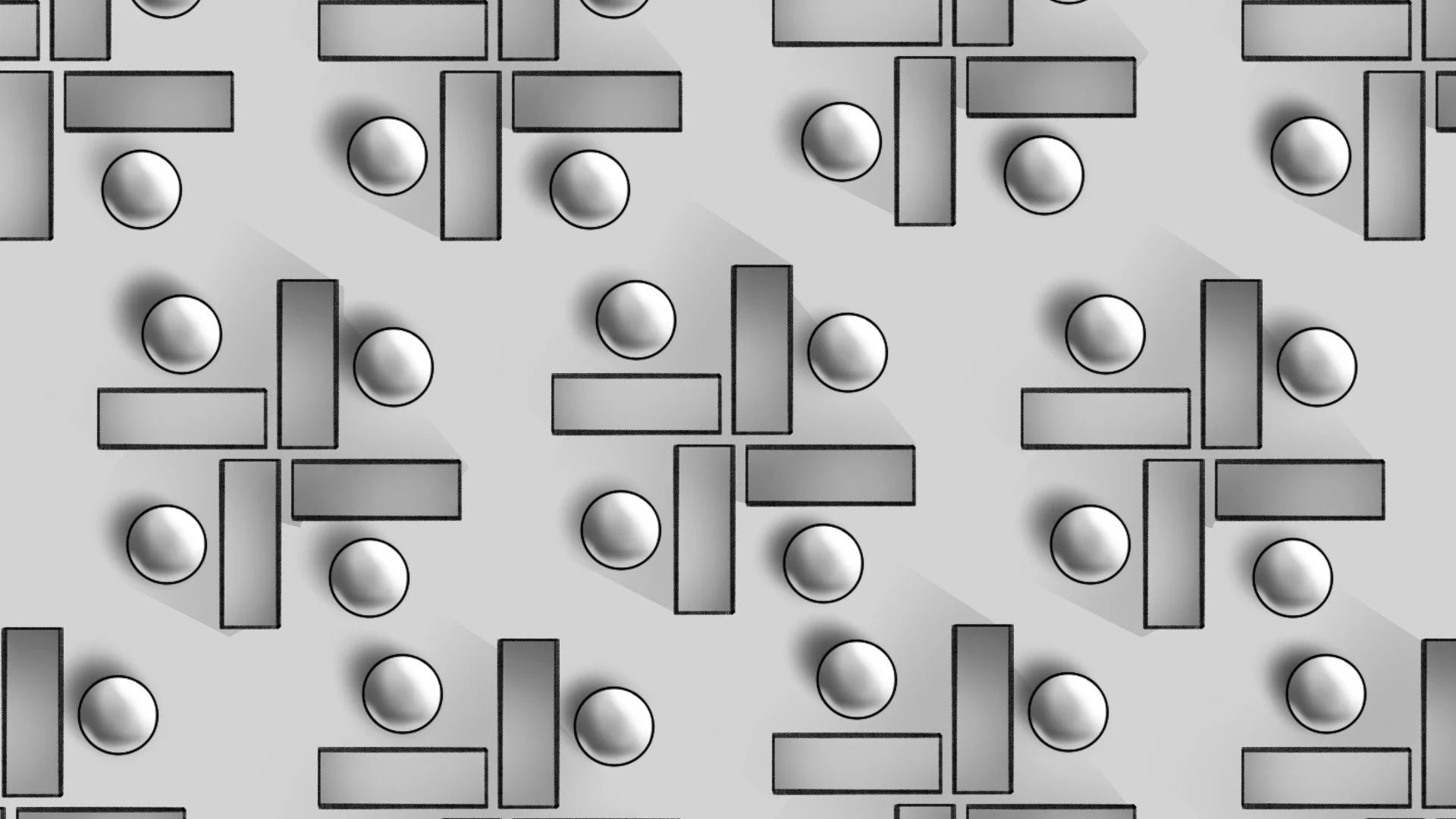 A grayscale patterned background with repeating abstract shapes, including circles and rectangles, arranged in a symmetrical, geometric pattern.