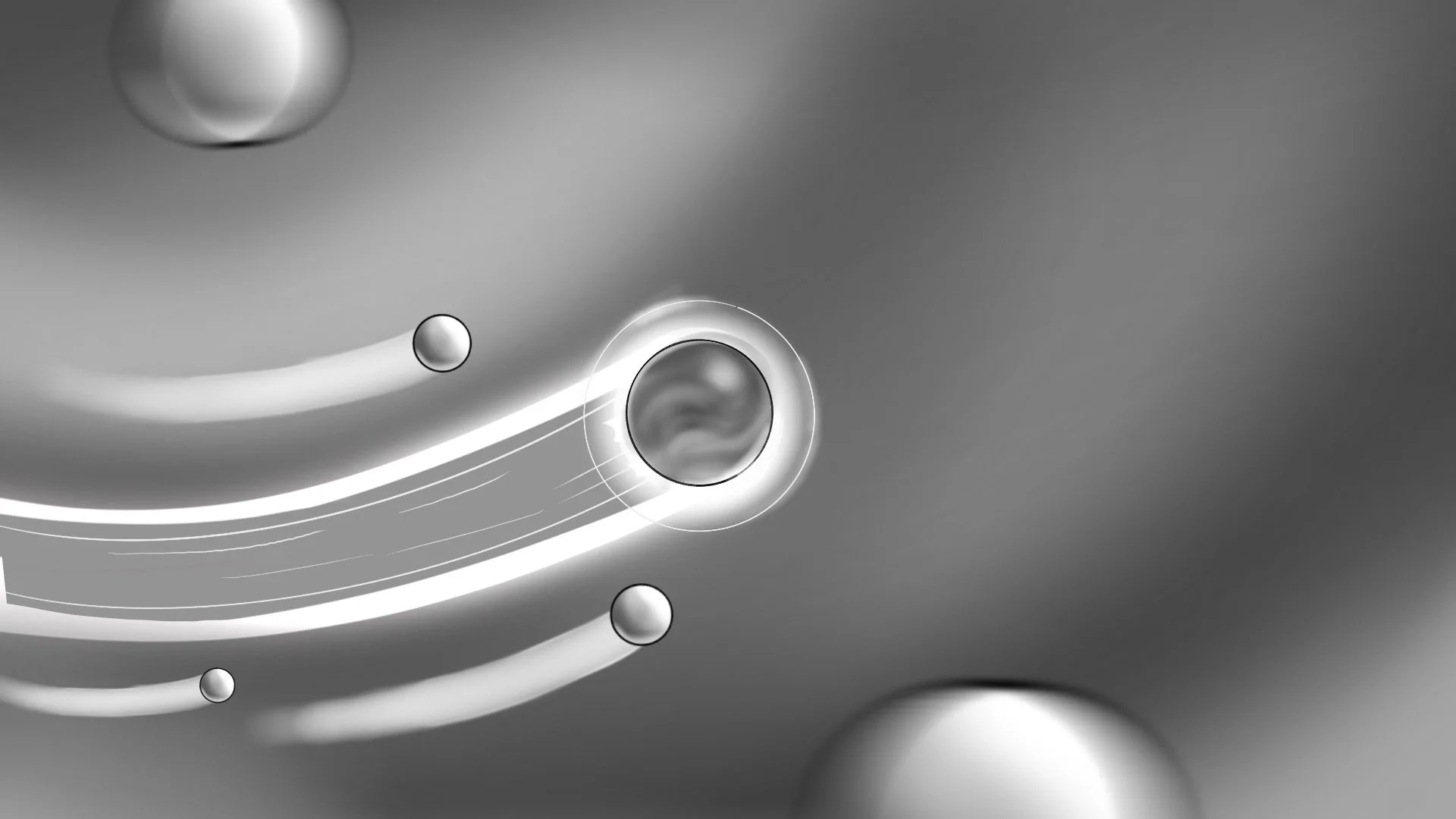 Abstract black and white image featuring various spheres and swirling lines.