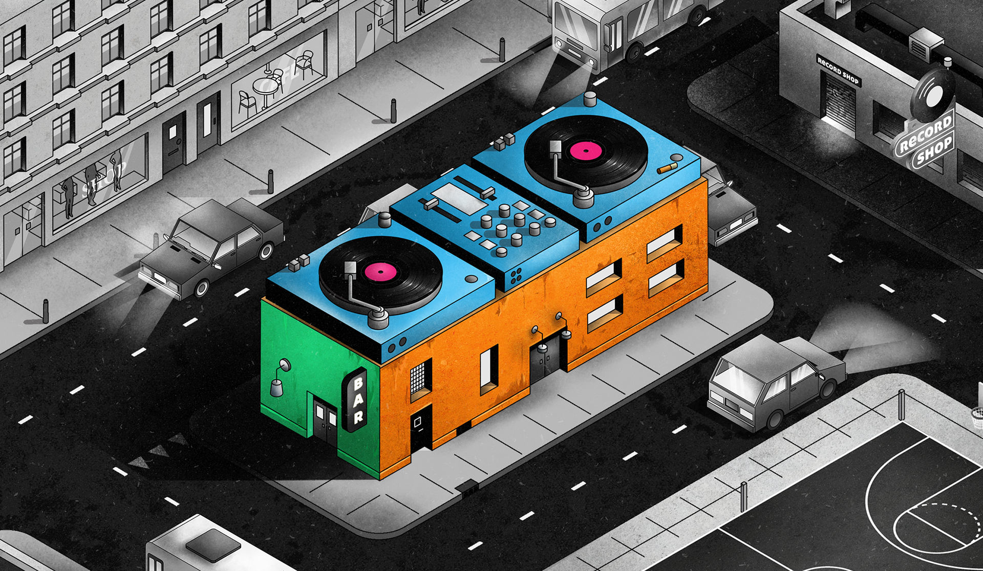 Isometric illustration of a building with DJ turntables created as part of a personal illustration project.