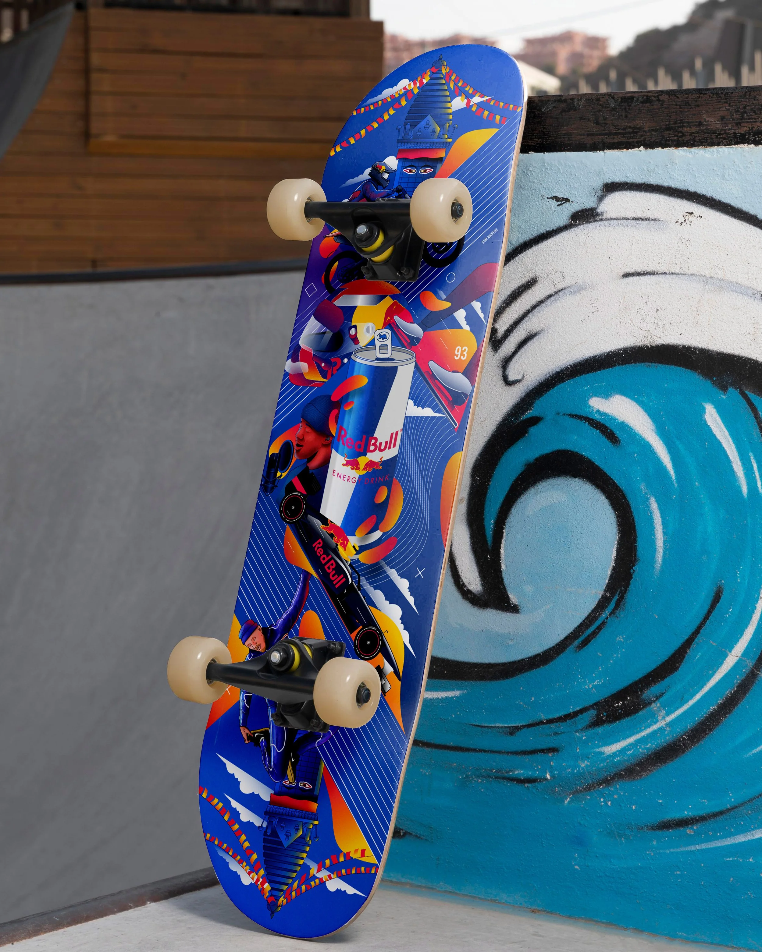 Custom skateboard graphic design created for Red Bull, blending illustration and street culture aesthetics.