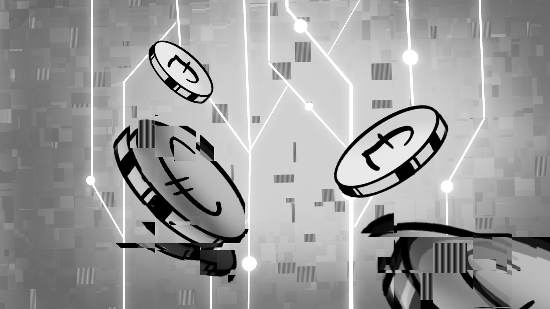 Black and white digital illustration of Bitcoin coins floating in a futuristic, digital network with interconnected lines and nodes.