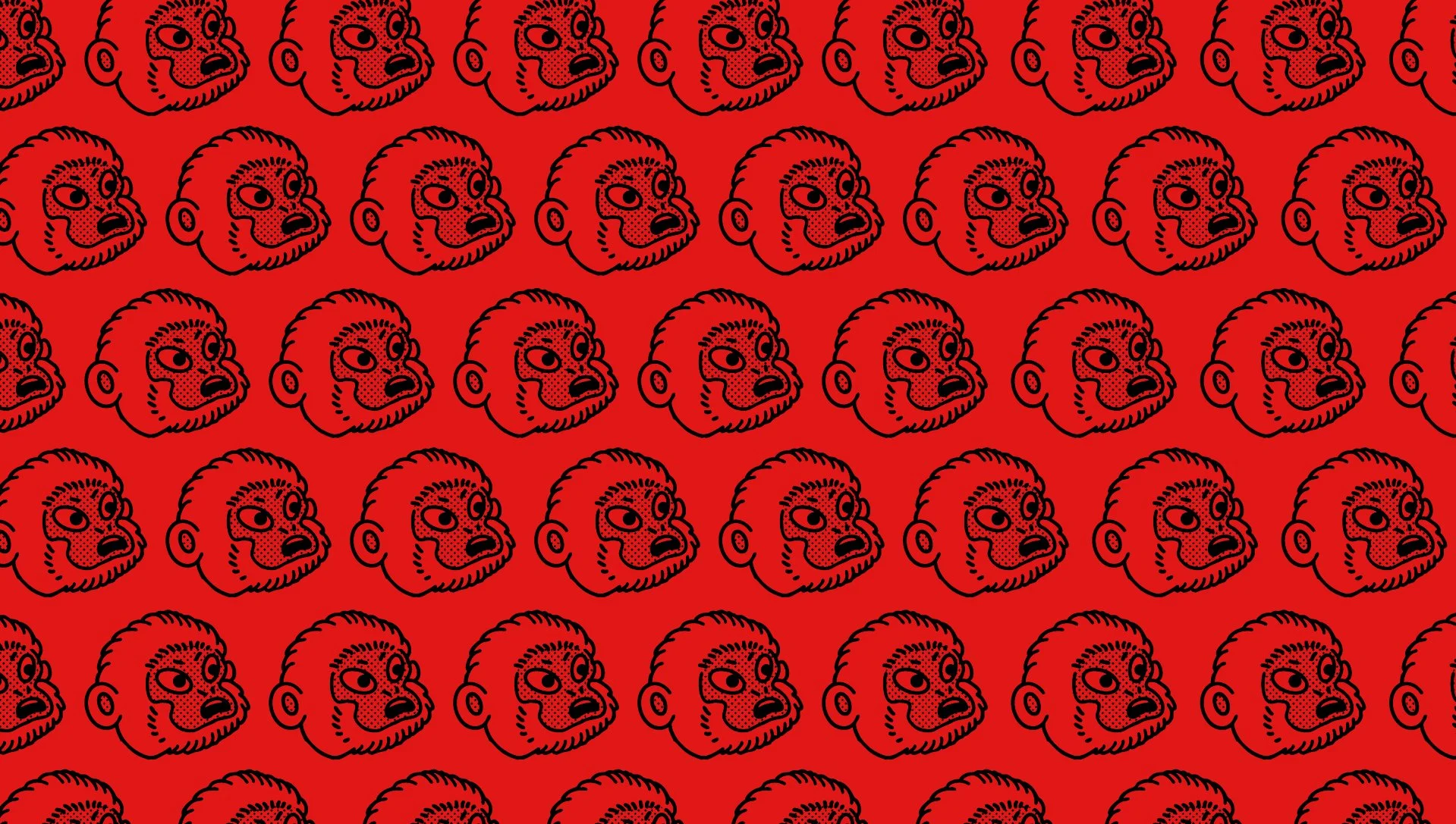 Repeating pattern of a cartoon baby's head with angry expression, outlined in black on a red background.