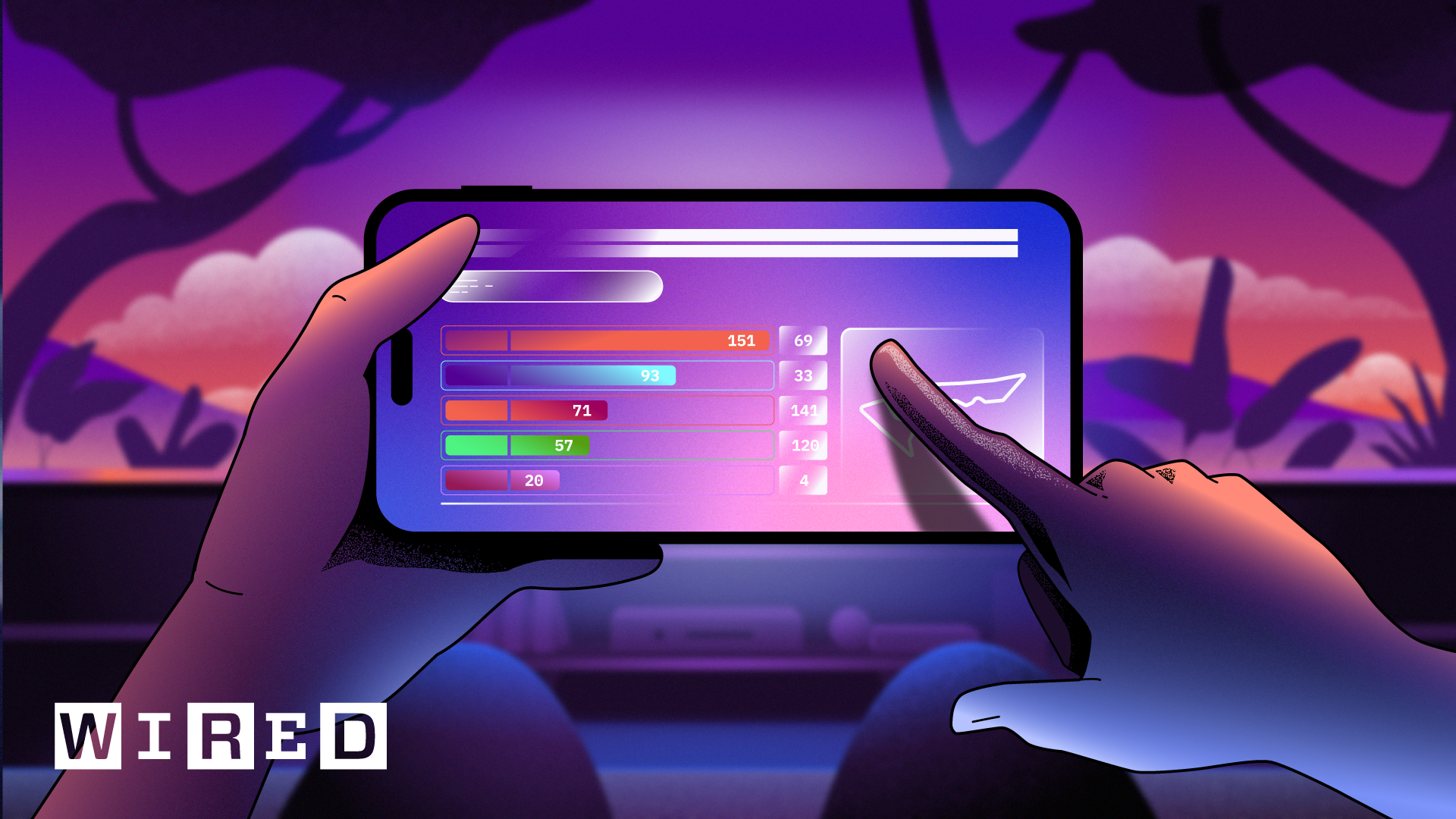 Digital illustration of a person holding a smartphone, viewing a data graph on the screen with colorful bar charts against a sunset backdrop with clouds and tree silhouettes.