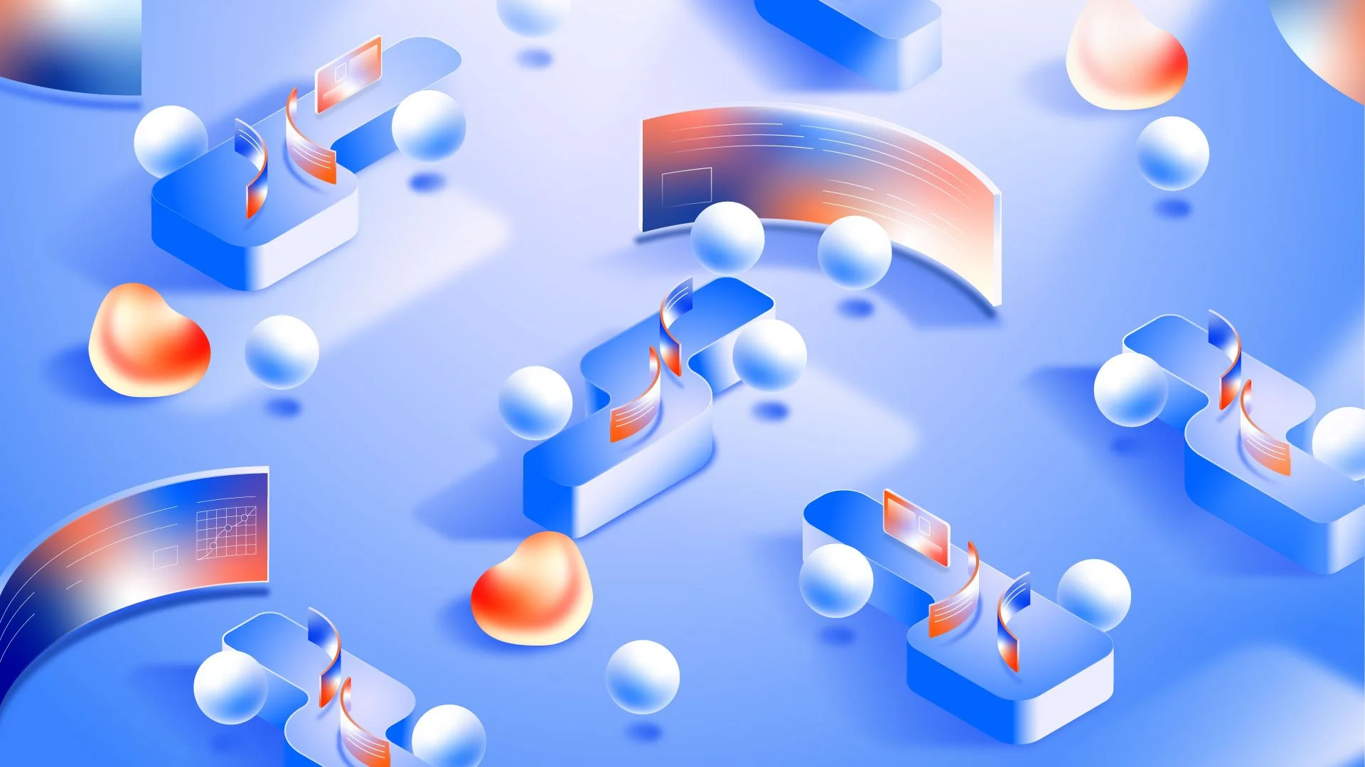 Abstract digital illustration with blue and orange hues, featuring floating spheres, curved screens displaying data, and modern technology elements on a blue background.