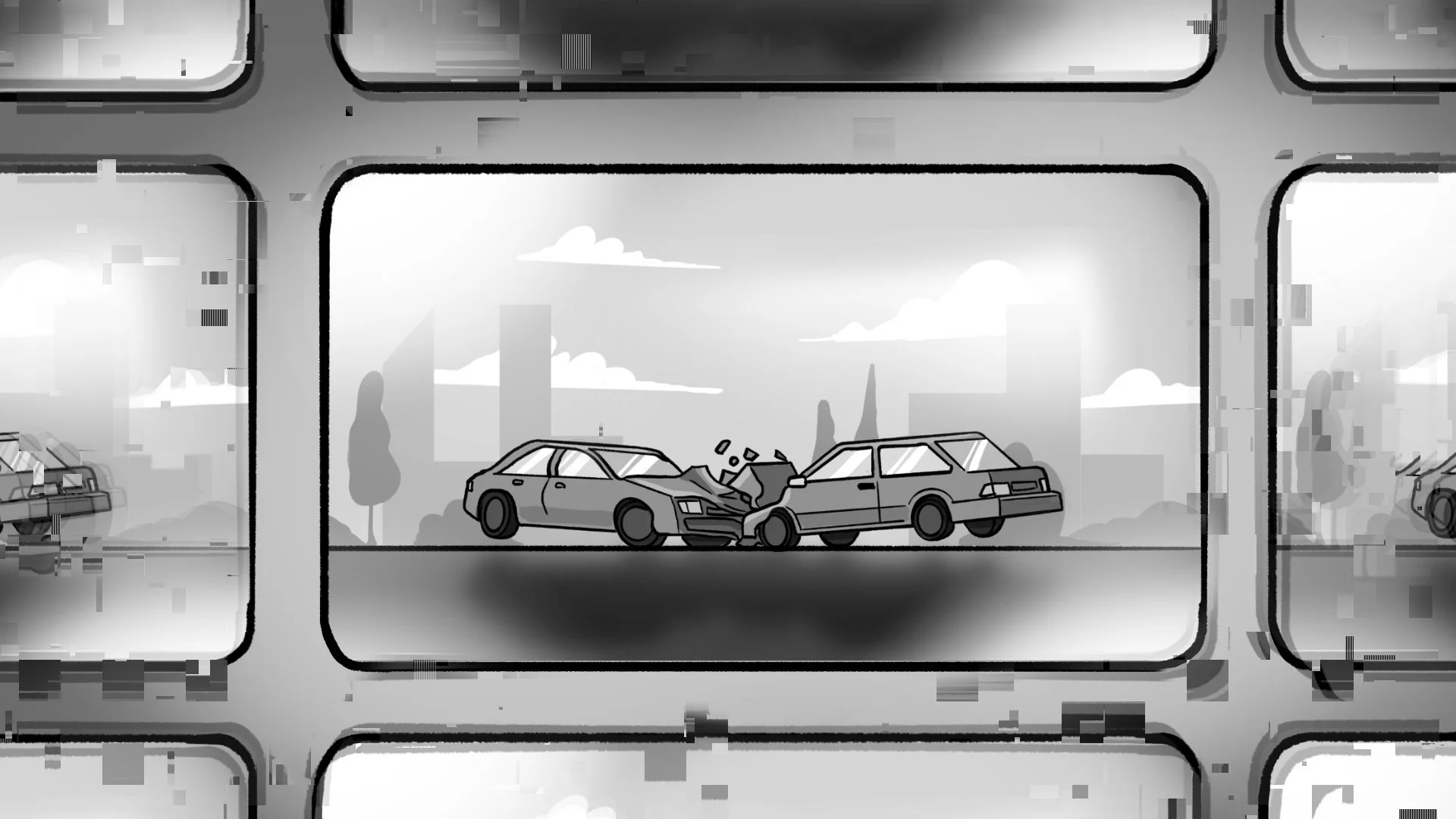 Two cars involved in a collision on a city street, with one car hitting the rear of the other.