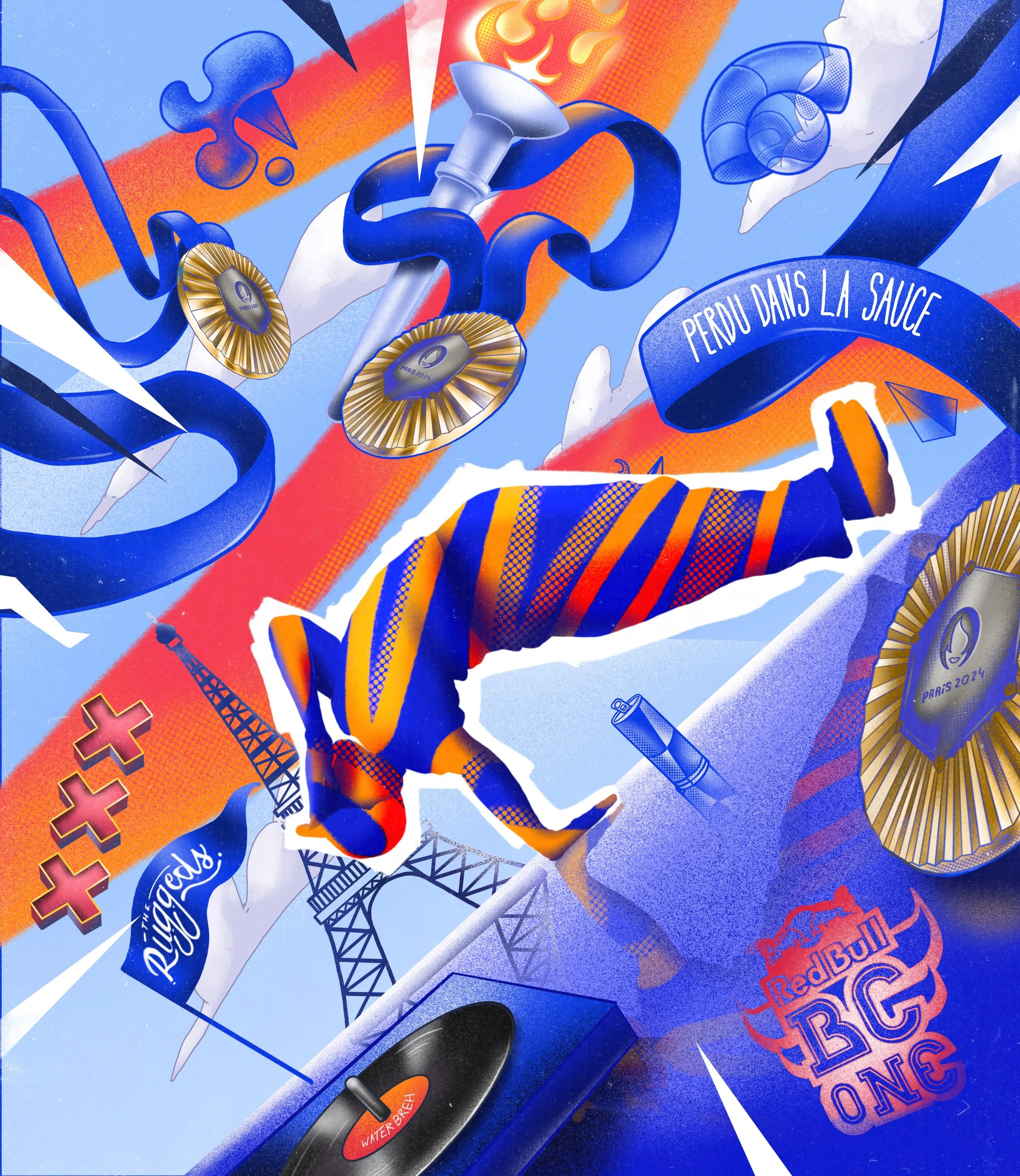 Custom speaker design illustration created for Red Bull x JBL in celebration of the 2024 Olympics, showing dynamic colours and branded elements for Lee-Lou Demierre
