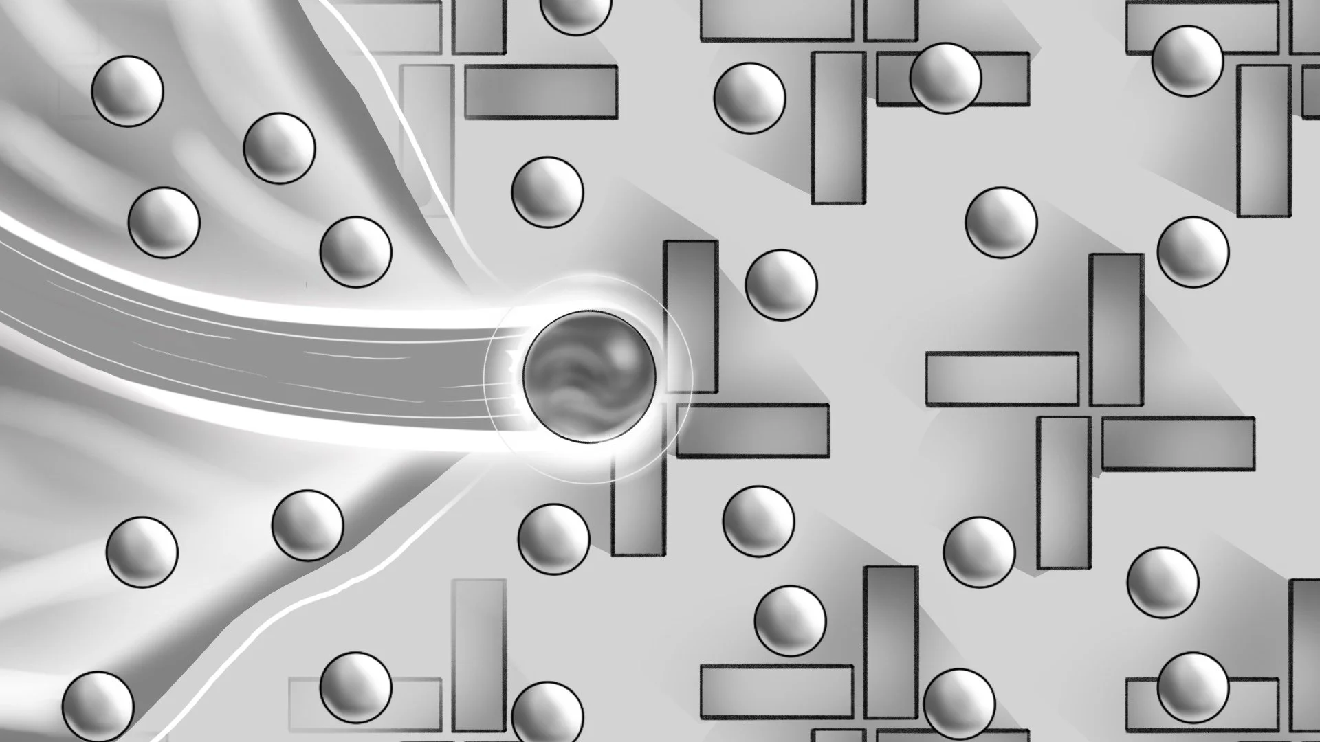 A gray and white abstract illustration depicting a spherical object with streaks emanating from it, surrounded by smaller spheres and rectangular shapes, with a flowing, wave-like pattern.