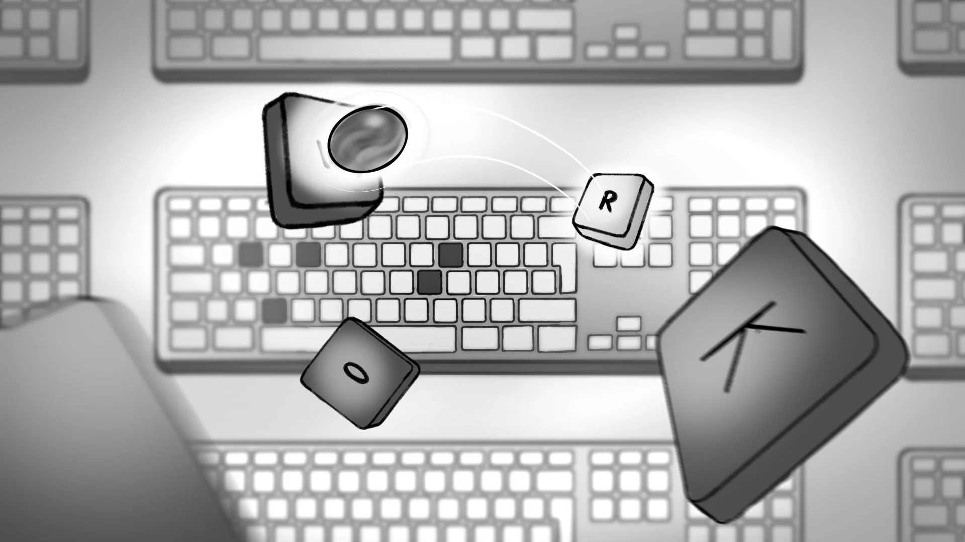 Animated image showing a hand pressing the down arrow key on a keyboard, with other keyboards in the background and small 3D letter keys flying through the air.