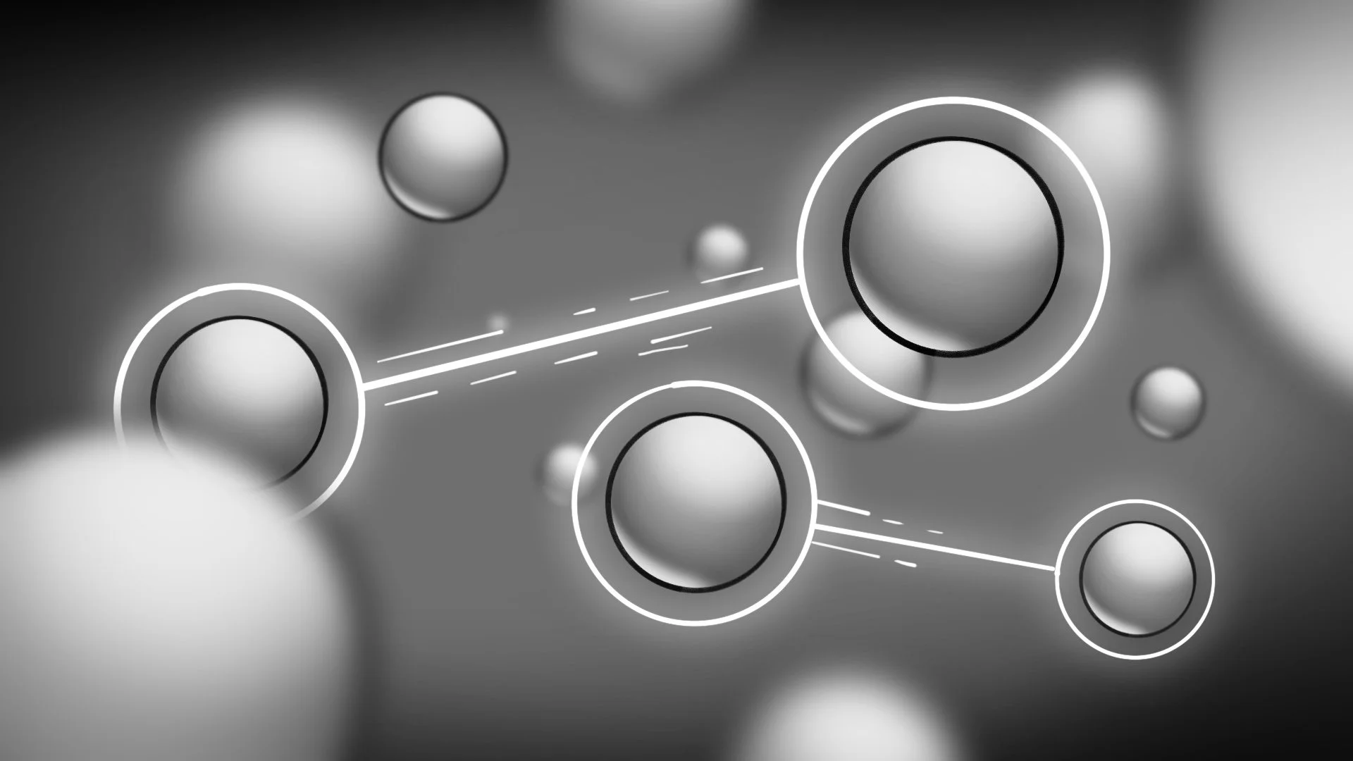 Gray, abstract illustration of interconnected spheres with lines, representing molecules or atomic connections, with a digital or scientific theme.