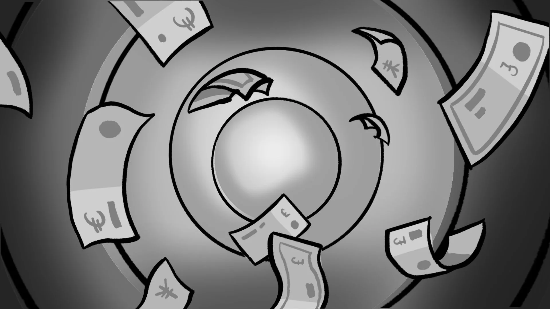 Illustration of a spinning roulette wheel with euro banknotes scattered around.