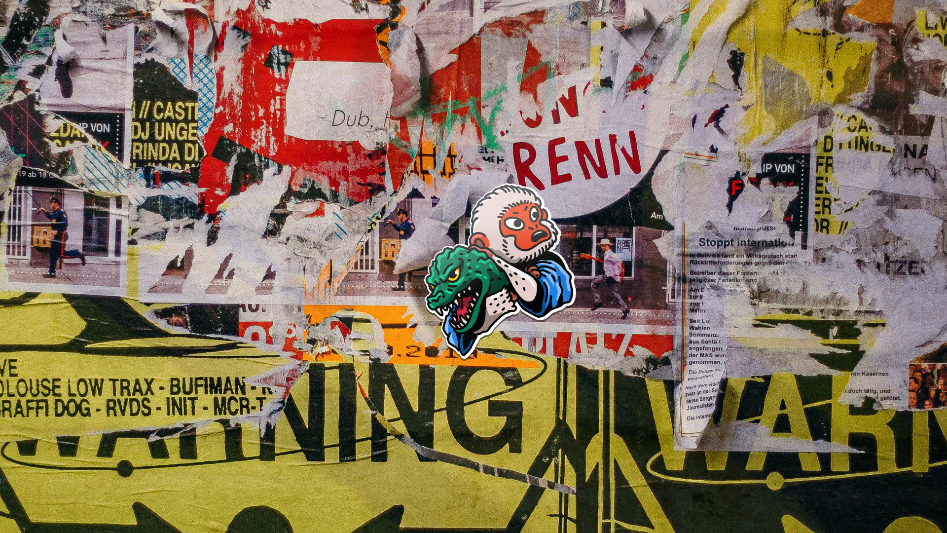 A collage of torn posters and flyers with a cartoon sticker of an elderly man with a dragon on his shoulder in the center.