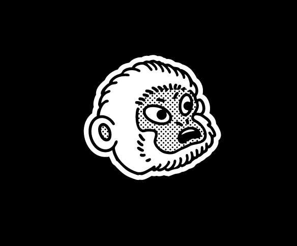 Black and white cartoon-style drawing of a monkey's face with a surprised or confused expression.
