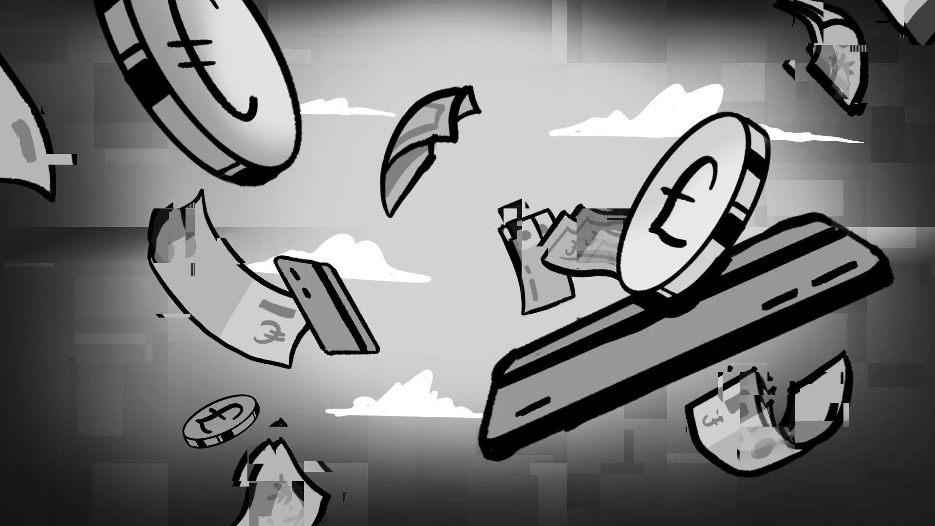 Illustration of falling money, coins, banknotes, among clouds, with some coins showing a Euro symbol, in black and white