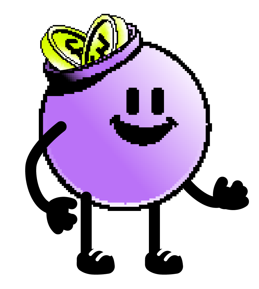 Pixel art image of a purple smiley face with a crown, holding a white thumb up, on a black background.