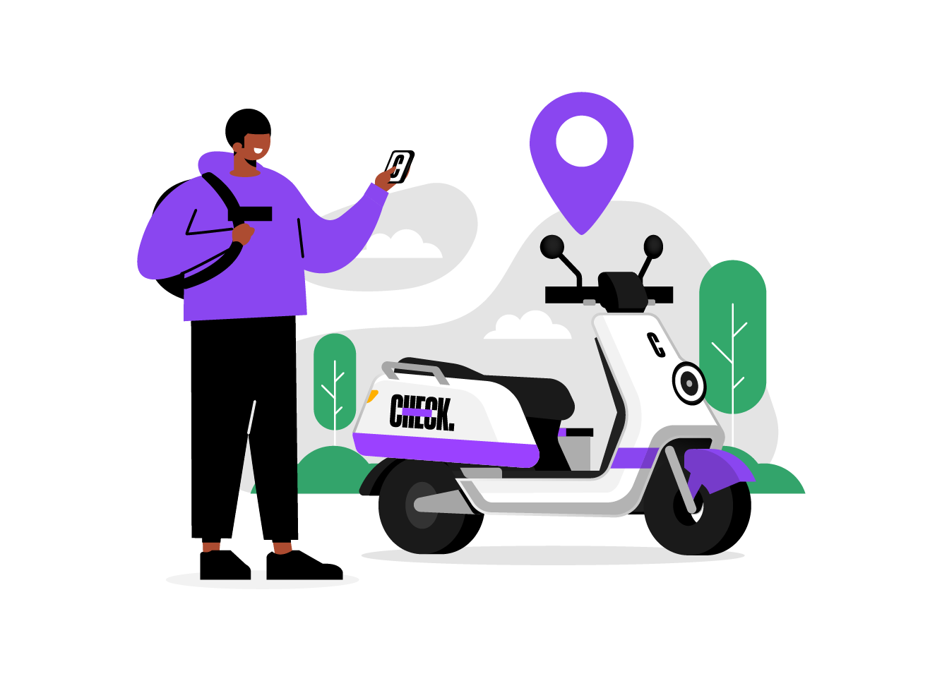 Illustration library created for Check E-scooters showing a user interacting with an electric scooter and location interface.