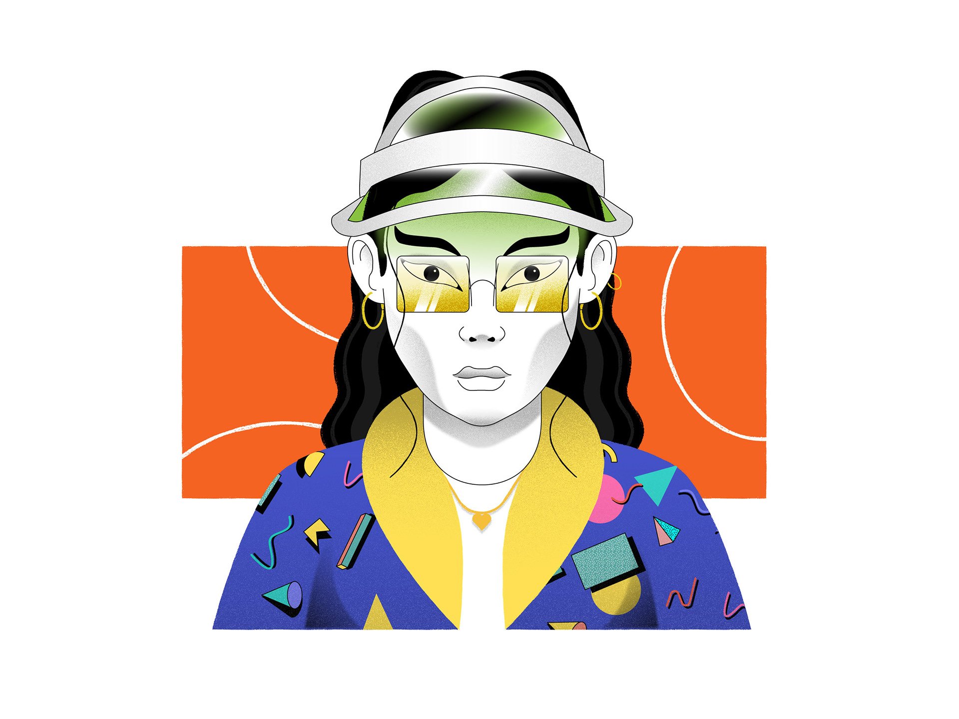 Illustration of a woman with long black hair, wearing a gray cap, yellow sunglasses, gold hoop earrings, a yellow collar, and a blue jacket with colorful abstract patterns, set against an orange background with white curved lines.