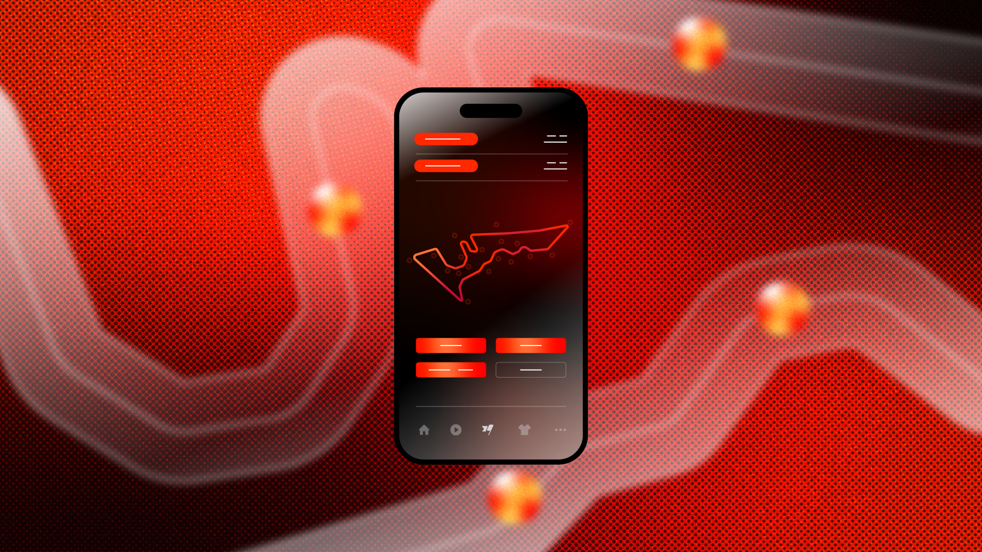 A smartphone displaying a financial chart with a red background, overlaid with abstract red and orange elements resembling virus particles, and glowing white flowing lines.