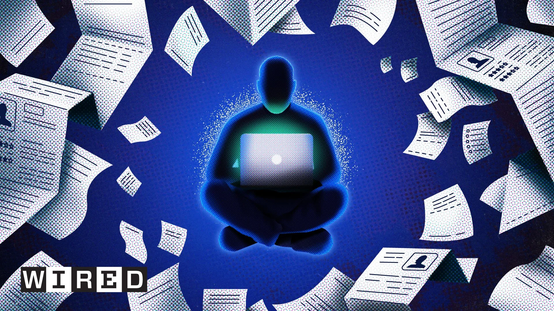 Illustration created for WIRED x IBM depicting a person with a laptop surrounded by floating documents for the AI Effect video series.