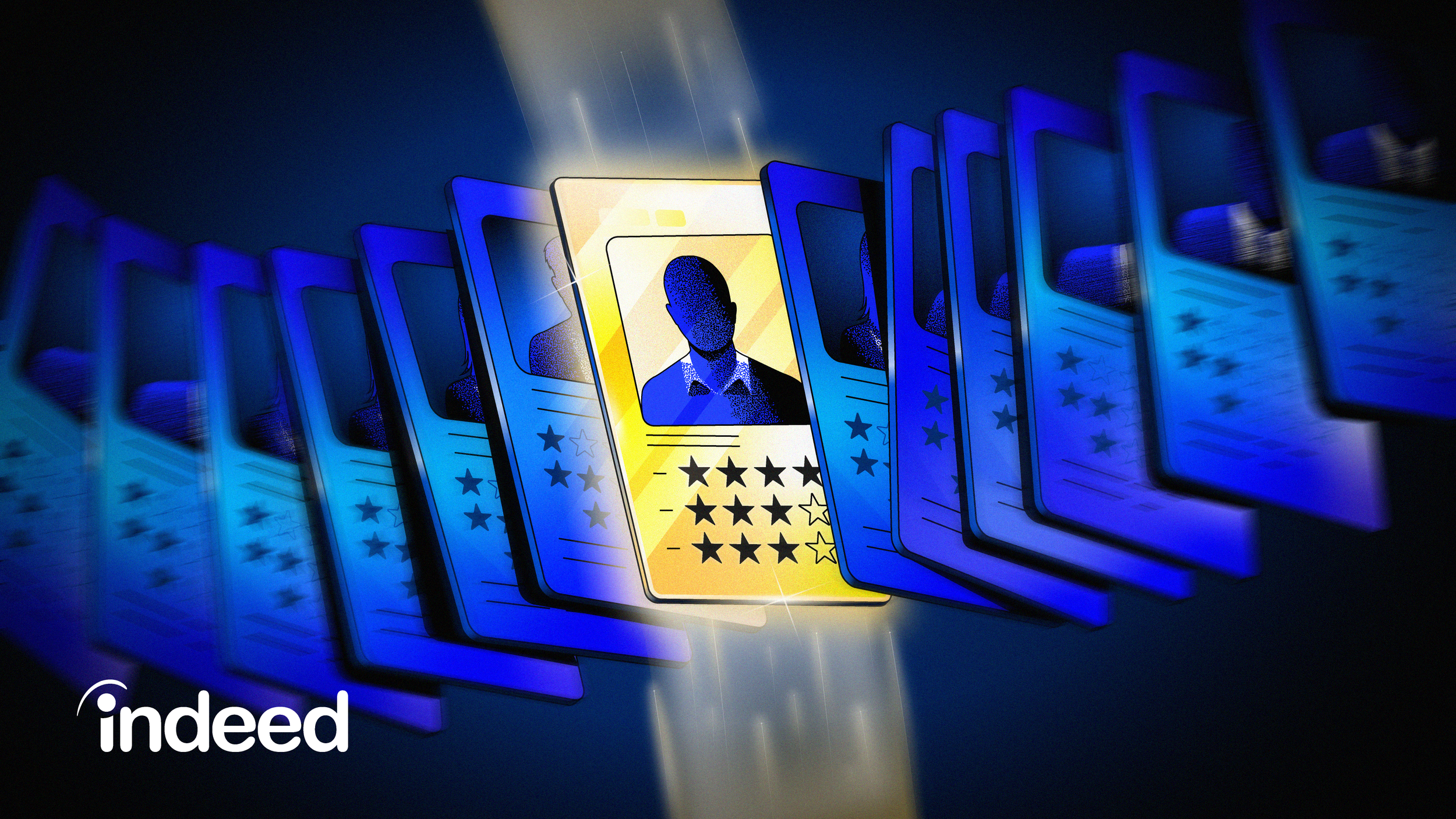 Editorial illustration created for WIRED and commissioned by Indeed, depicting digital identity cards and profile ratings.