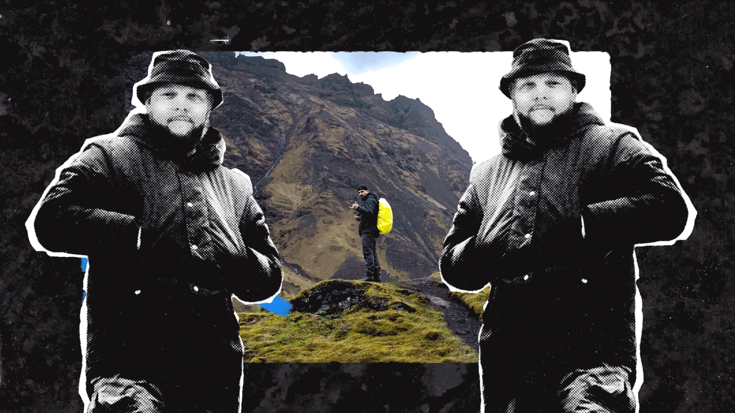 A person hiking in front of a mountain landscape, viewed through a black cutout with two large black-and-white photos of a man in a jacket and hat on either side.