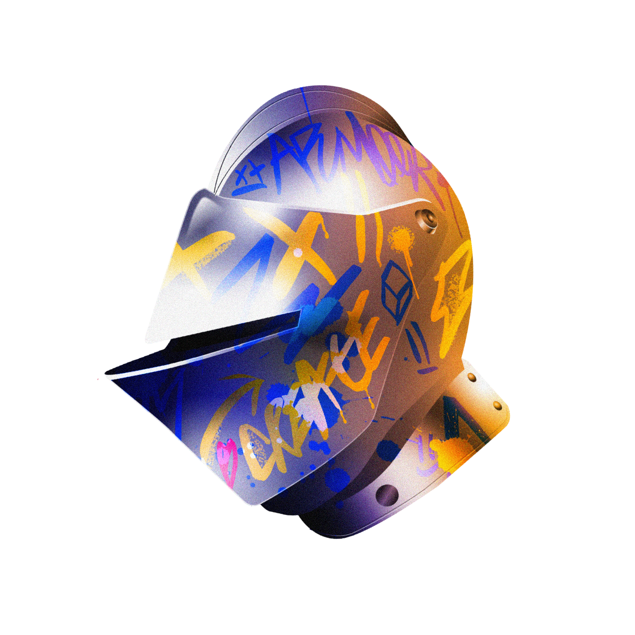 A digital rendering of a futuristic robotic helmet with graffiti-style colorful markings, set against a black background.
