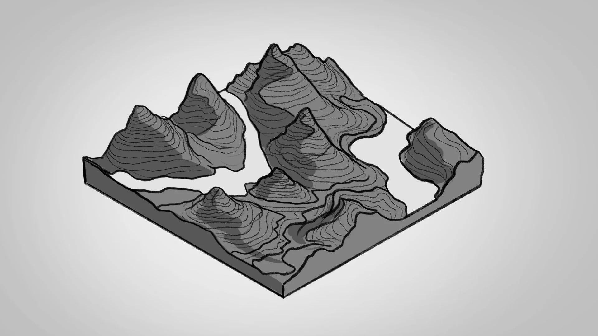 Black and white 3D topographic map with mountains, valleys, and ridges depicted by contour lines.