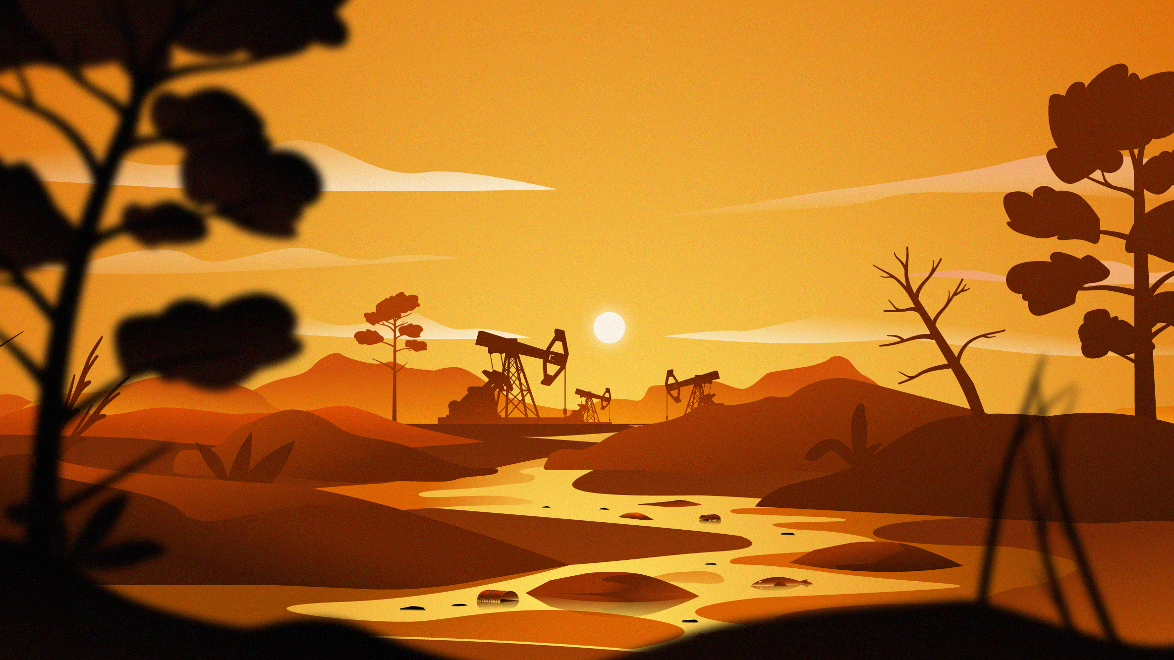 Silhouette of an oil field at sunset with oil pumpjacks, trees, a river, and mountains in the background.