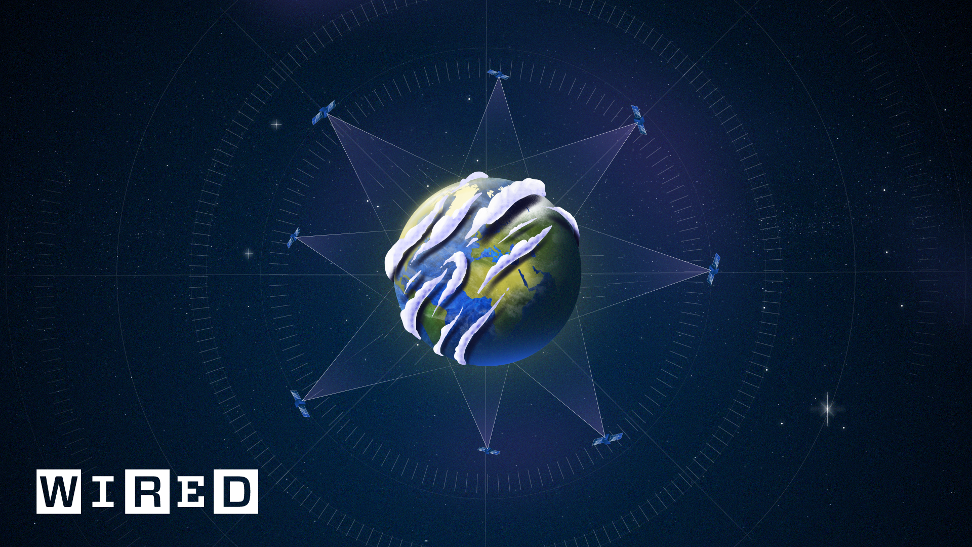 Illustration of Earth with white cloud patterns, surrounded by satellite communication signals and a space background.