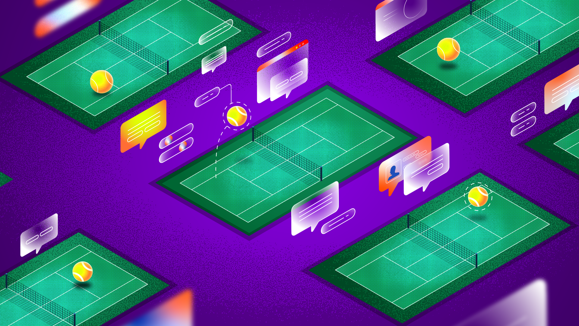 Digital illustration of multiple tennis courts with tennis balls, surrounded by floating social media icons and speech bubbles on a purple background.