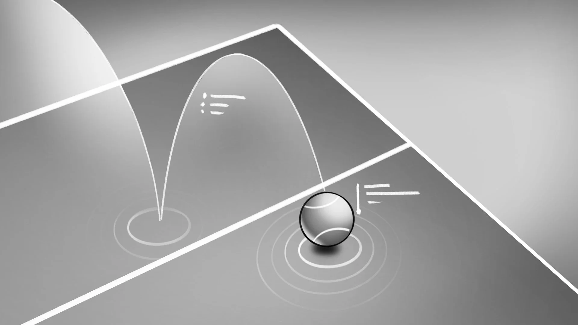 A ping pong ball on a table with markings indicating the impact point and trajectory of a hit, with curved lines representing the ball's path and impact zones.