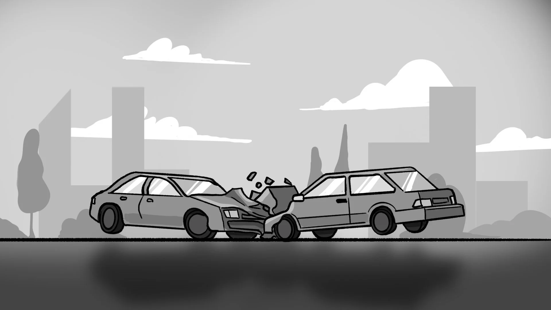 Two cars involved in a head-on collision on a city street with buildings and trees in the background, and damage to the vehicles.