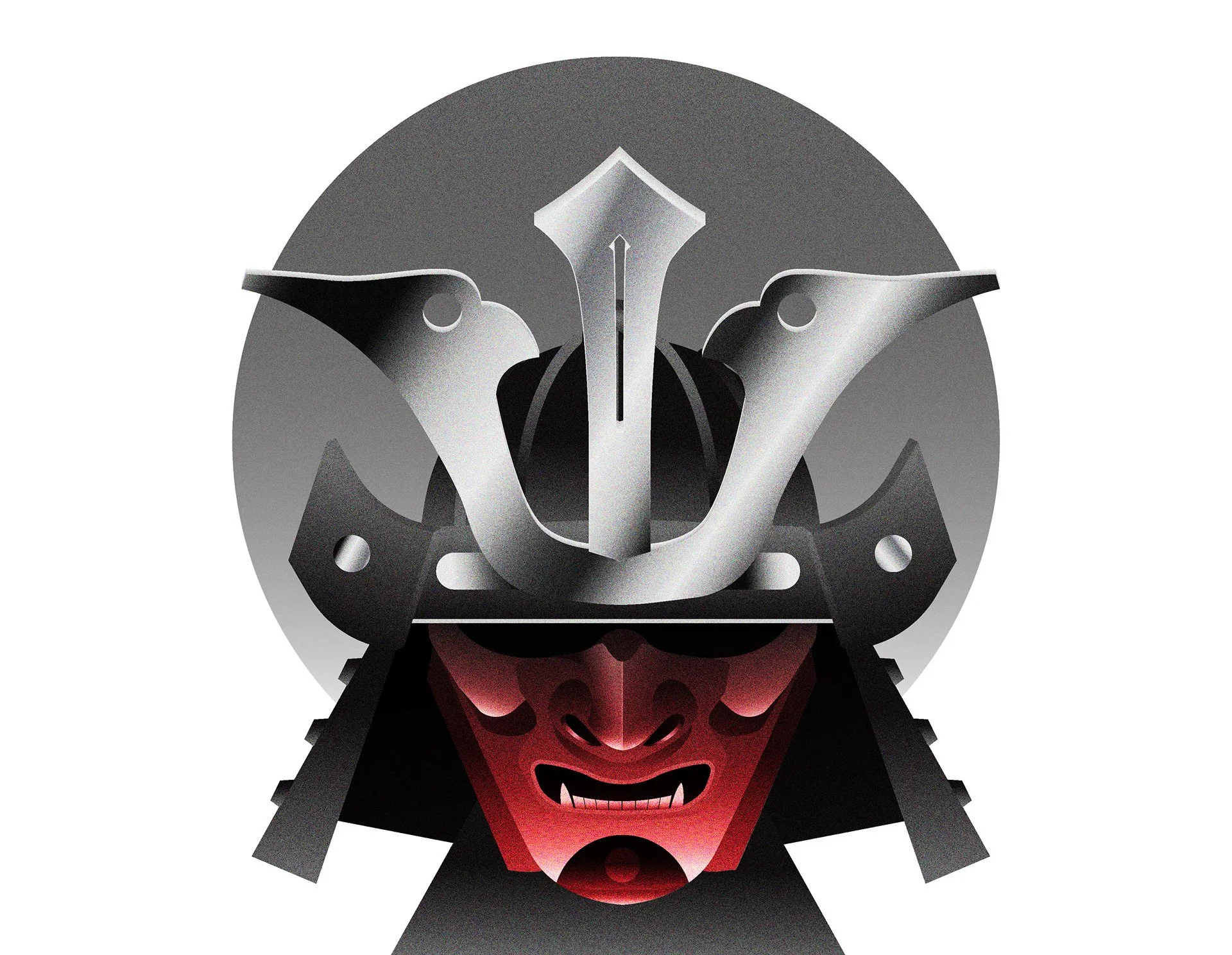 Illustration of a person's face with snarling expression, wearing a detailed silver and black samurai helmet with curved horns and decorative elements.