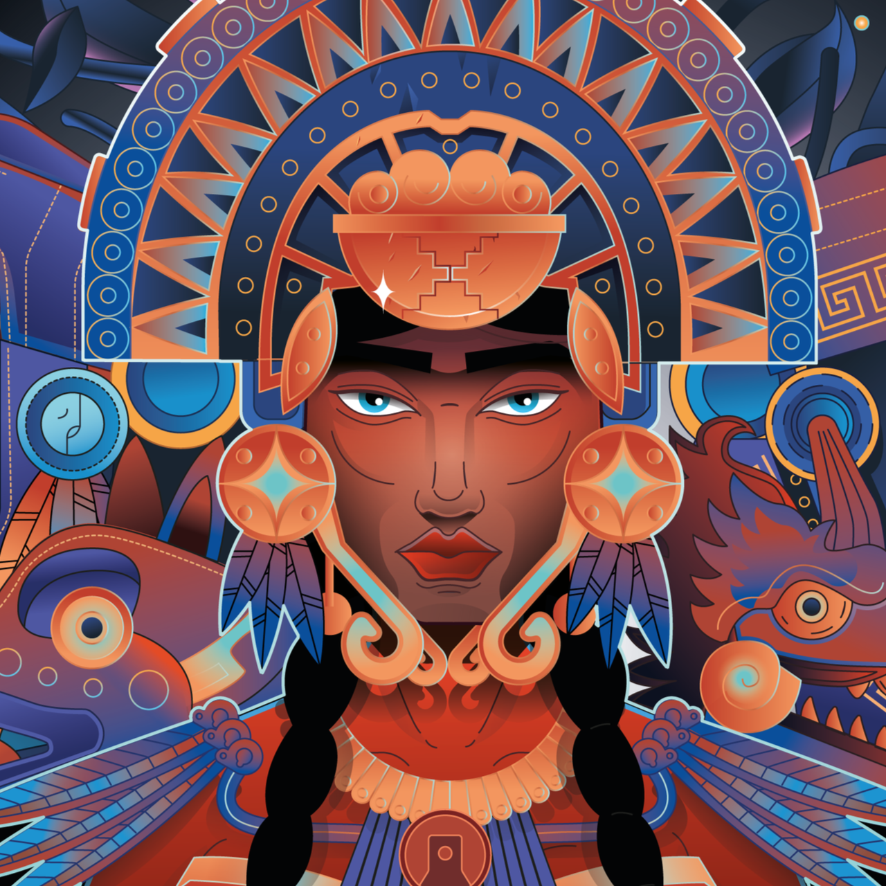 Digital artwork of a woman with dark skin, dark hair in braids, wearing traditional indigenous jewelry and headwear with intricate geometric patterns, in vibrant orange, blue, and purple colors.