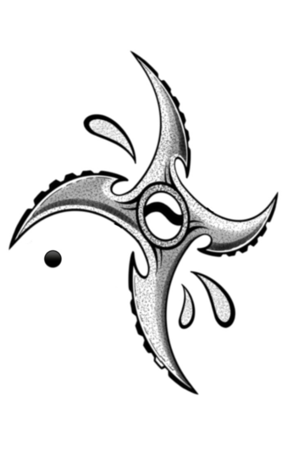 Black and gray tribal-style fish tattoo on a white background.