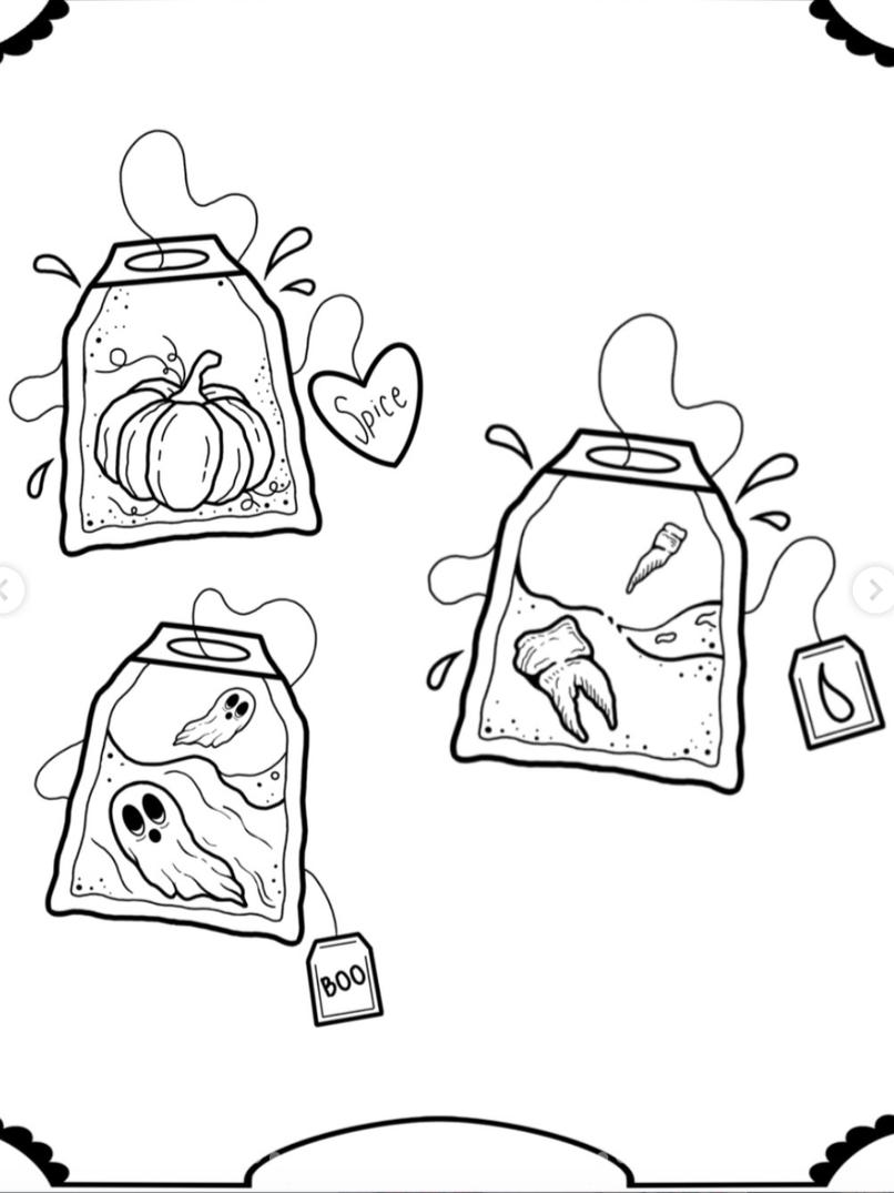 Black and white line drawing of three ghost-themed packaging designs with Halloween-themed labels and scent descriptions, including a pumpkin, bones, and ghost faces.