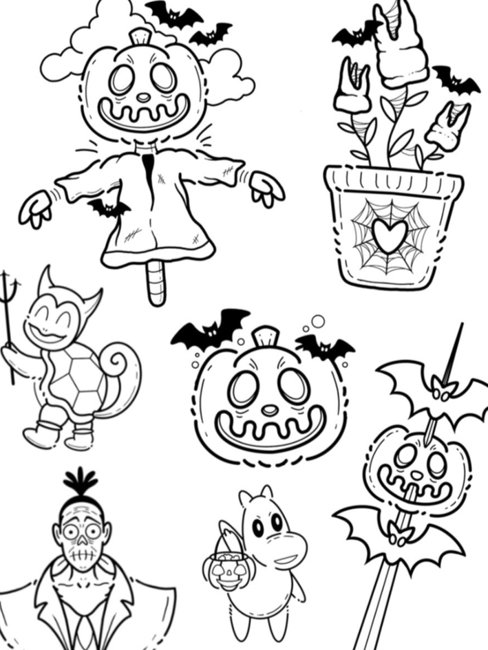 Black and white Halloween illustration featuring a pumpkin-headed scarecrow, smiling devil with a trident, smiling jack-o'-lantern with bat wings, ghost with bat wings, vampire with a wound on his forehead, and a pumpkin with bat wings on a stick.
